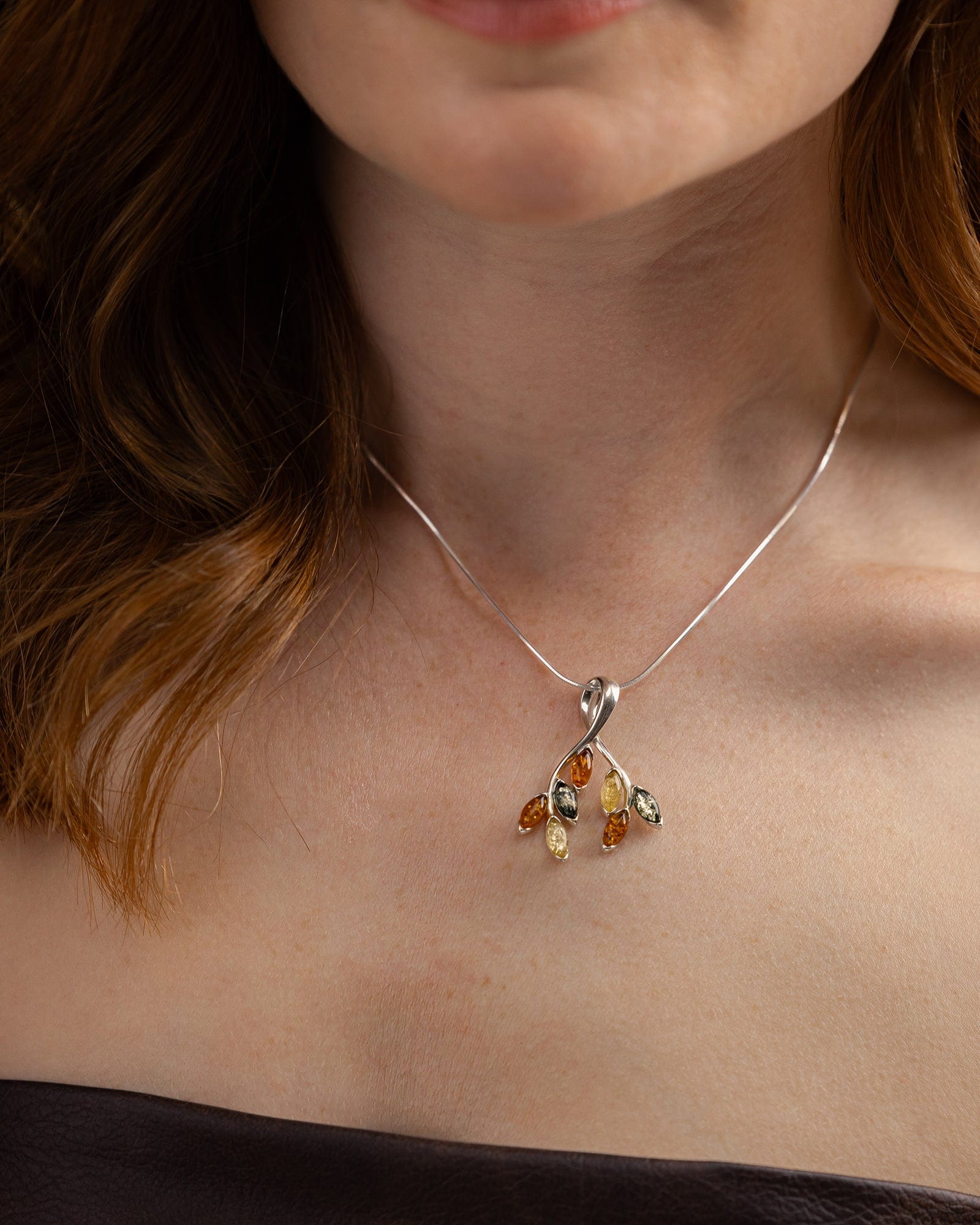 Sterling Silver and Mixed Amber Leaves Pendant