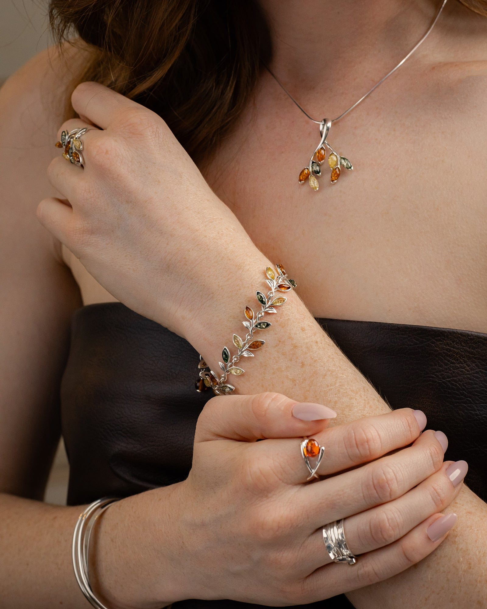 Sterling Silver and Mixed Amber Leaves Bracelet