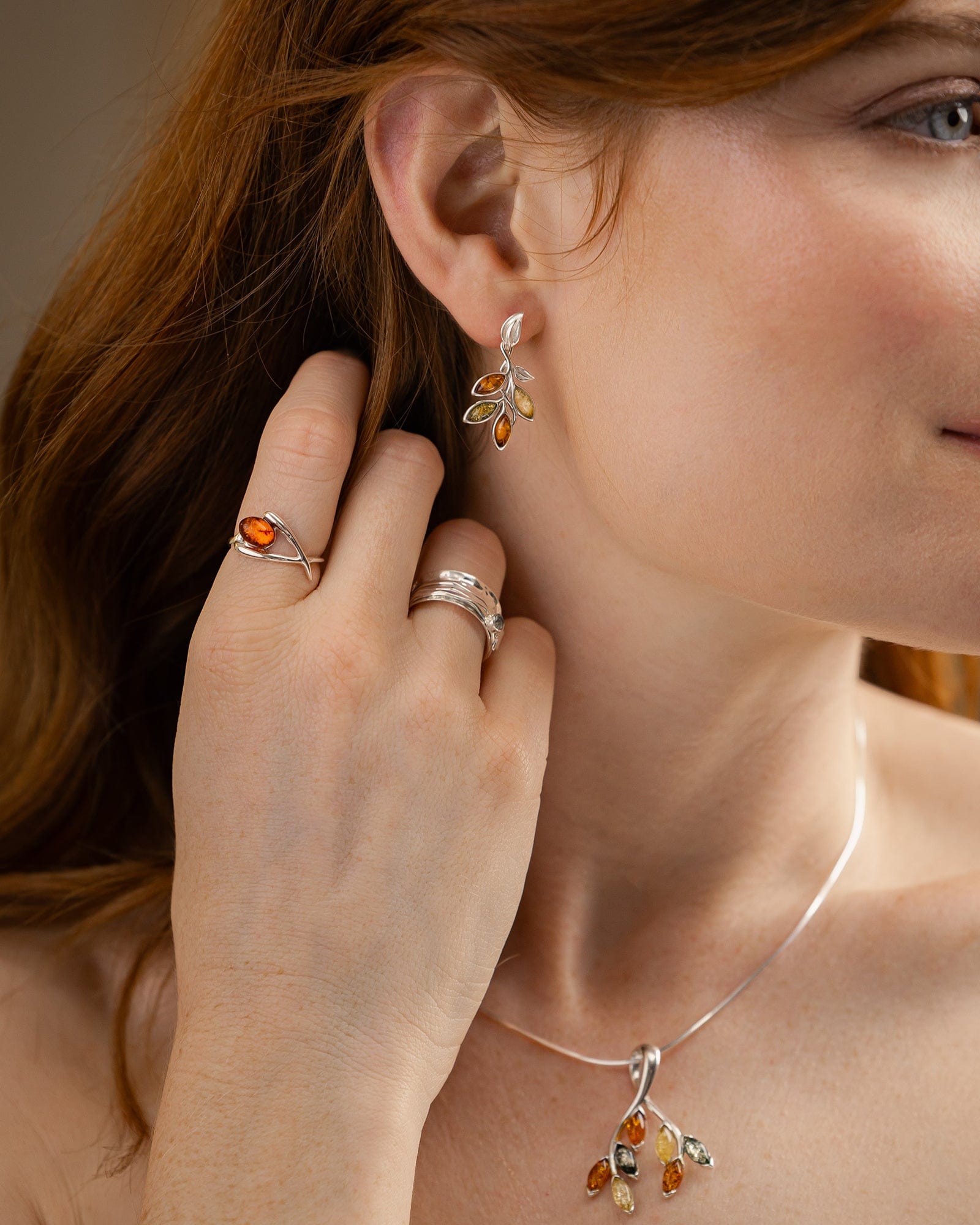 Sterling Silver and Mixed Amber Leaves Drop Earrings