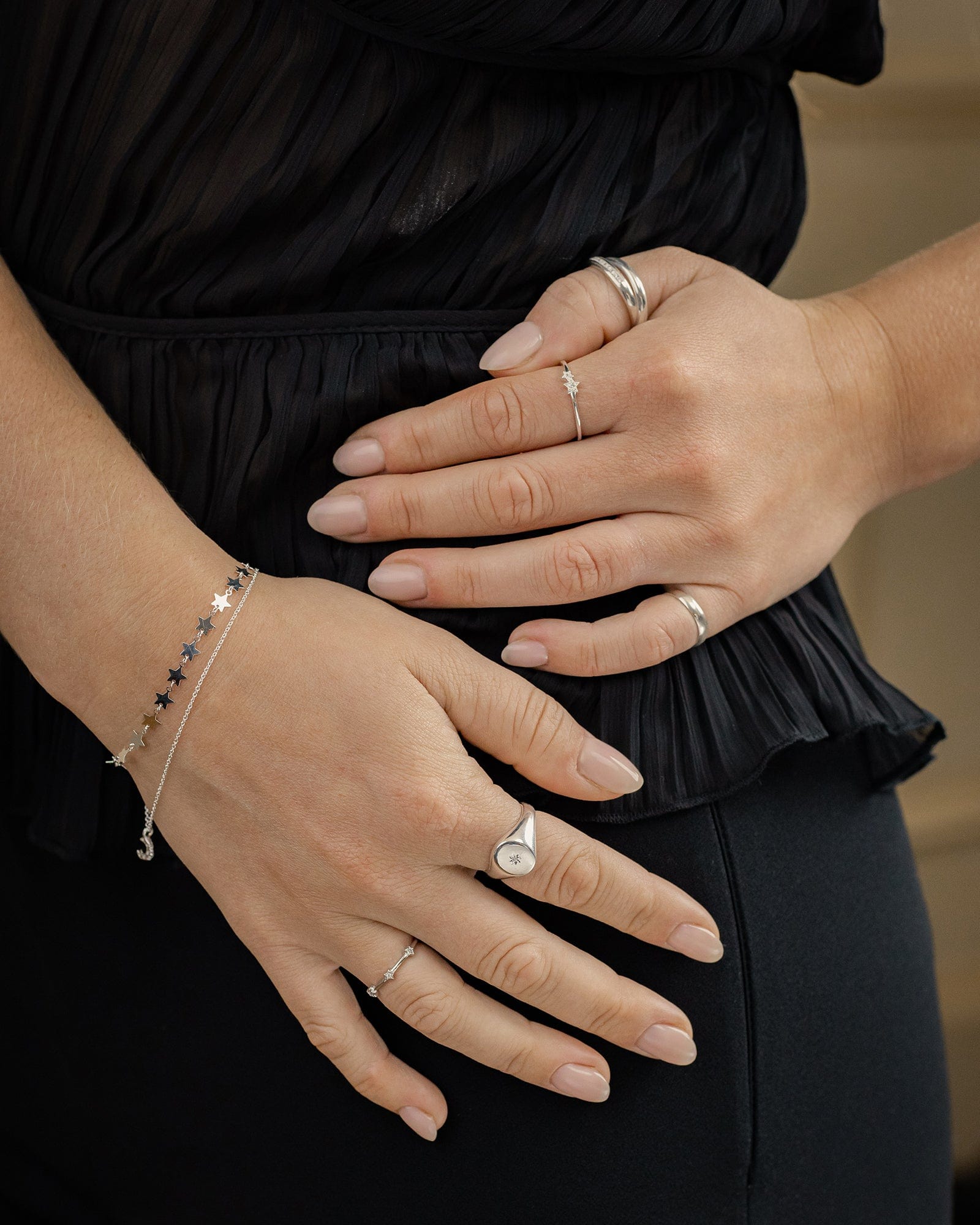 Sterling Silver and Cubic Zirconia Mini Double Star Ring