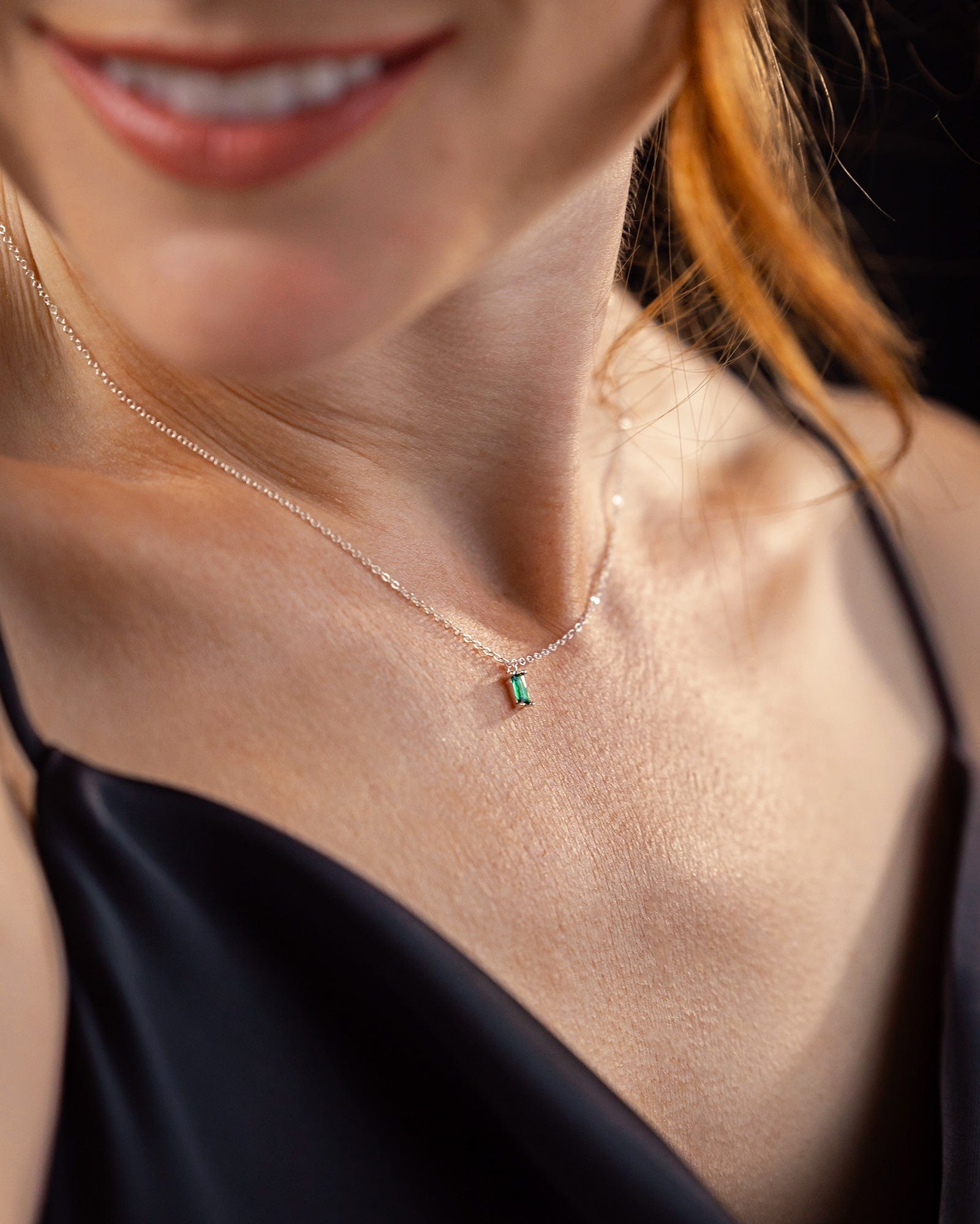 Sterling Silver Mini Emerald Glass Baguette Gem Necklace