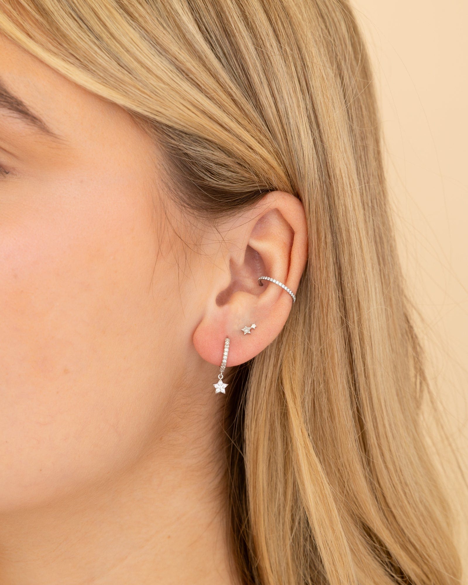 Sterling Silver and Cubic Zirconia Mini Star Charm Hoops