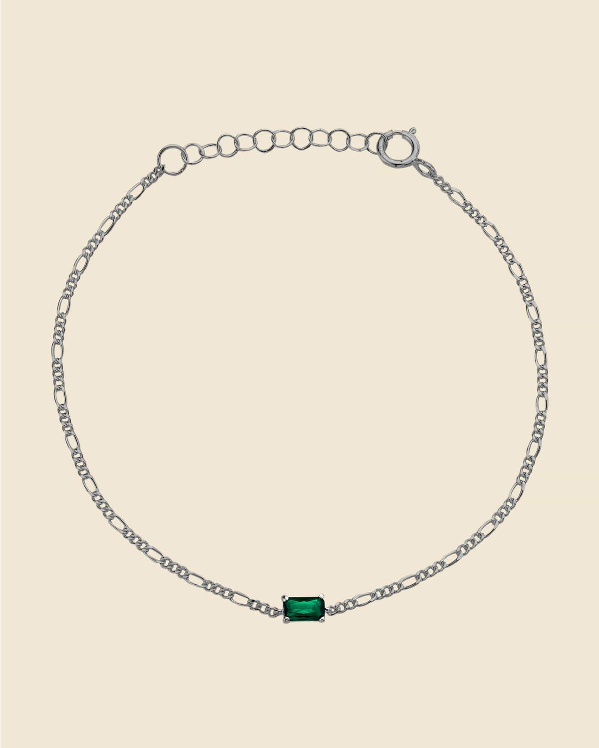 Sterling Silver Figaro Chain Bracelet with Emerald Glass Gem