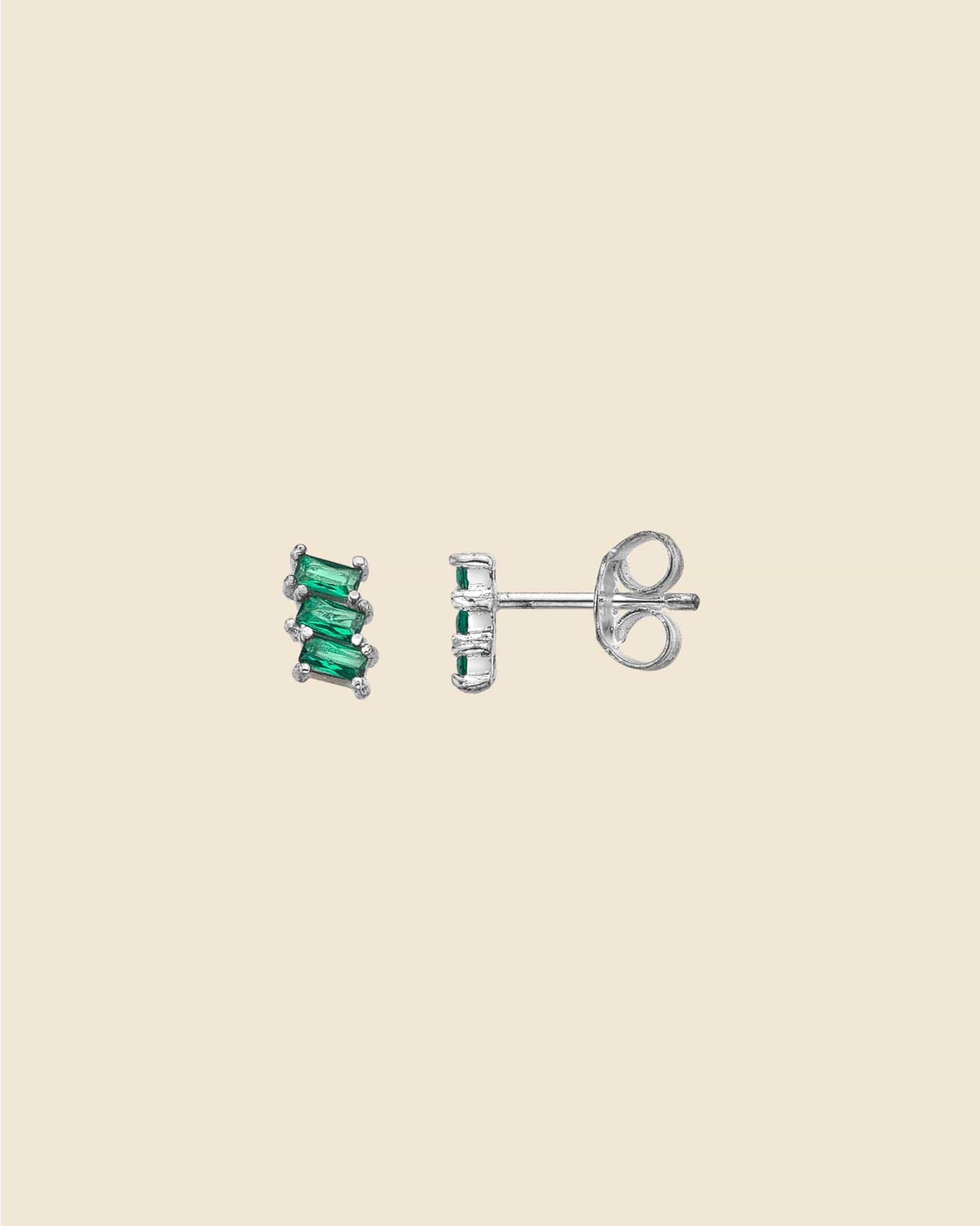 Sterling Silver Emerald Baguette Trio Studs