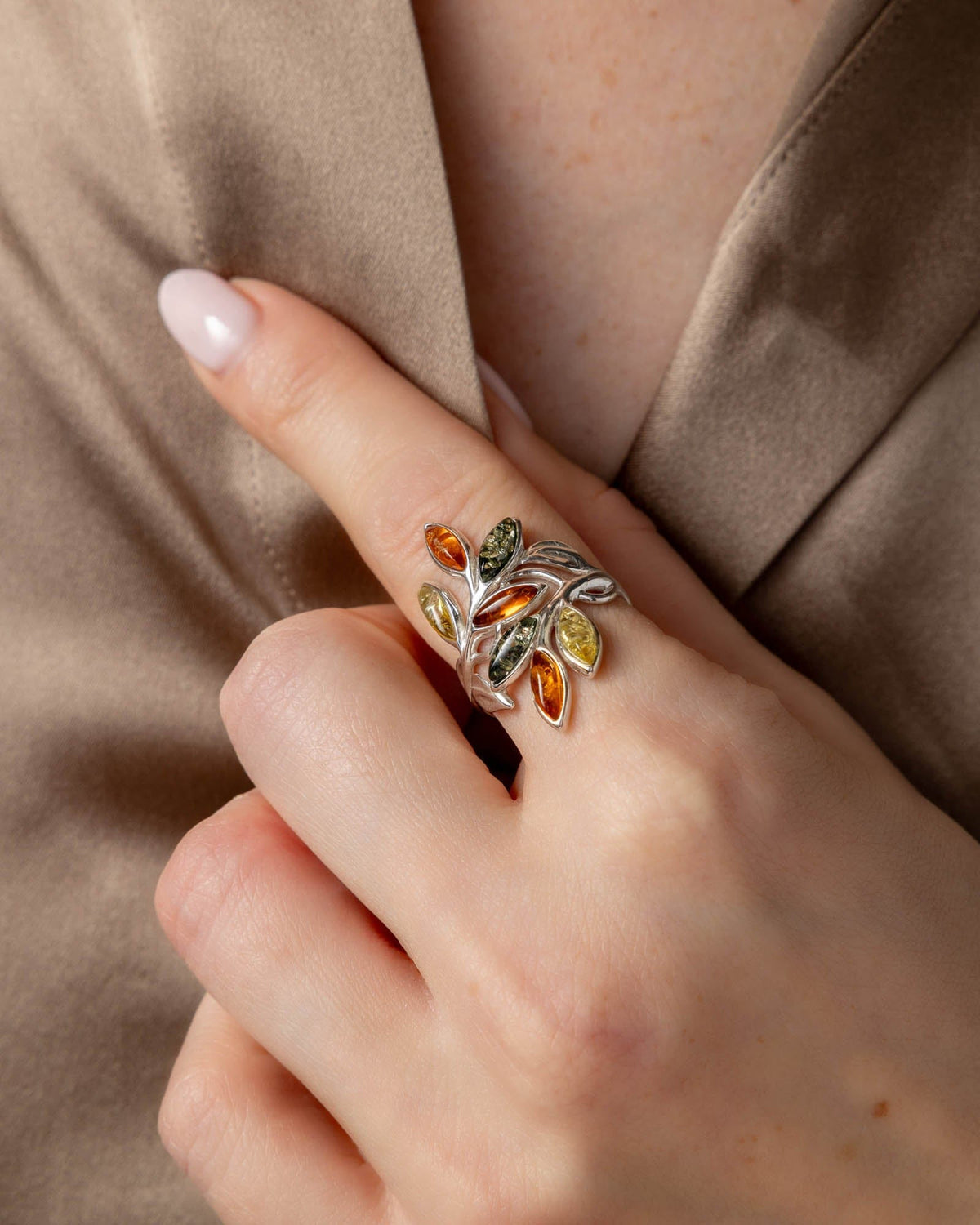 Sterling Silver and Mixed Amber Leaves Ring