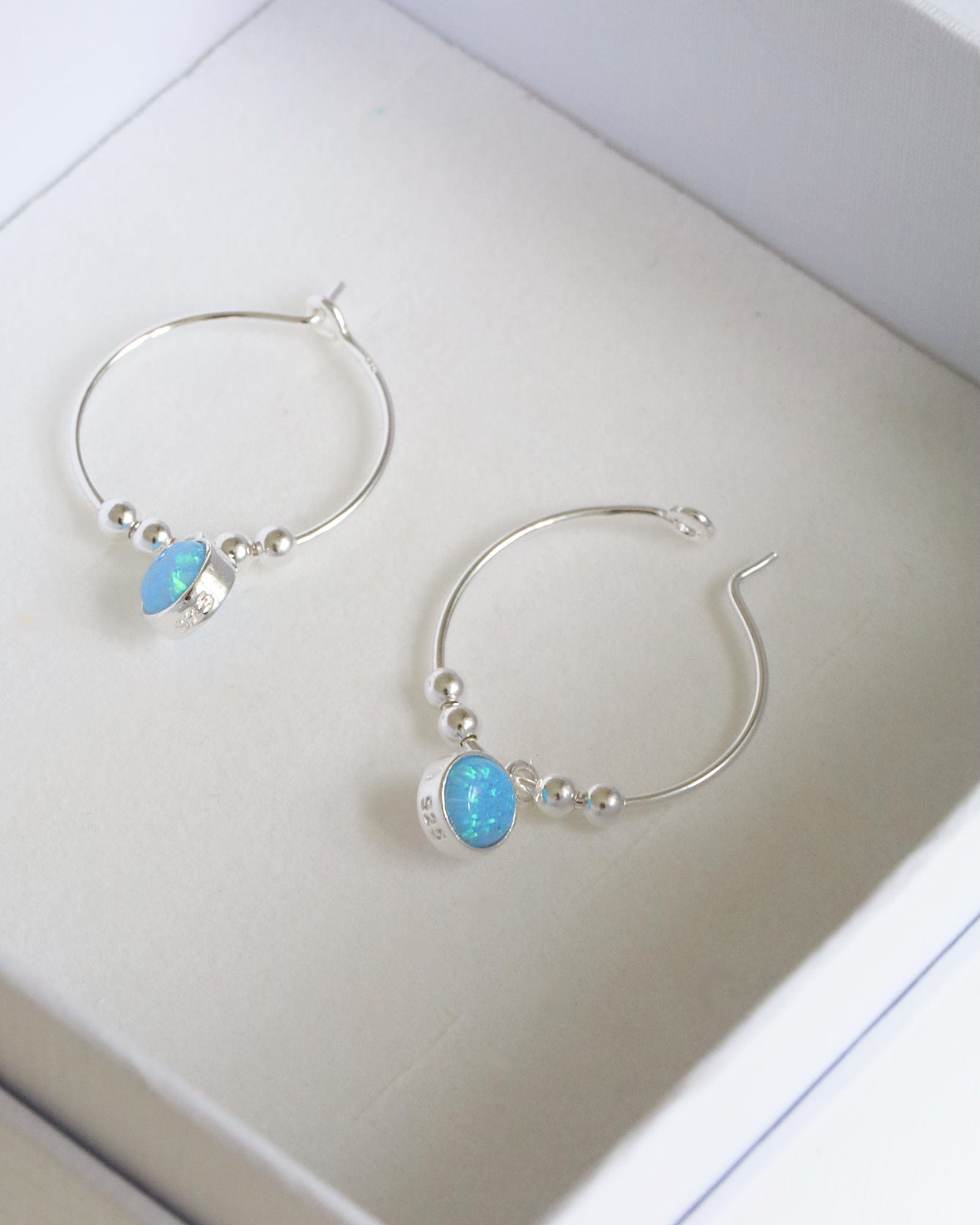 Sterling Silver and  Opal Charm Hoops