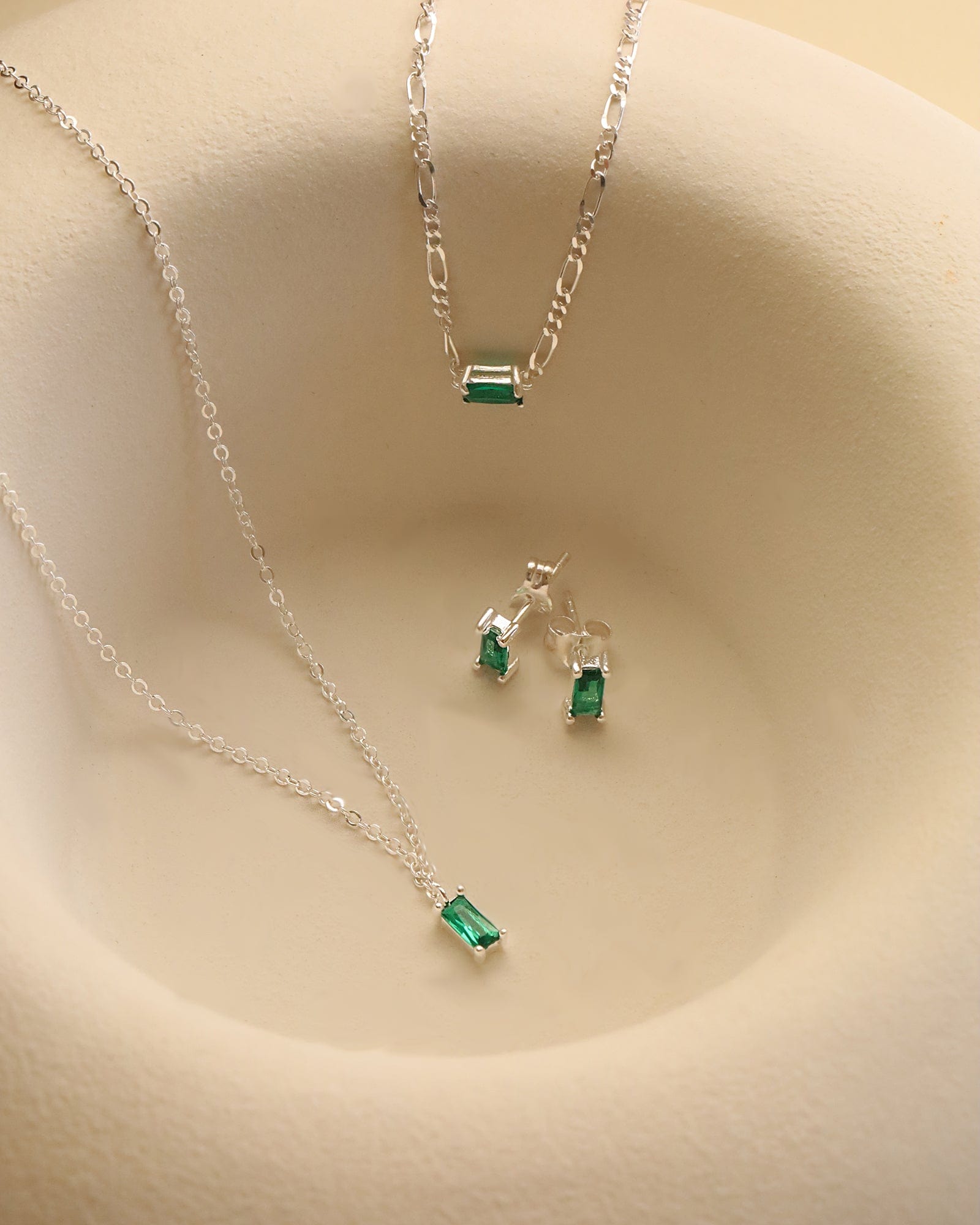 Sterling Silver Mini Emerald Glass Baguette Gem Necklace