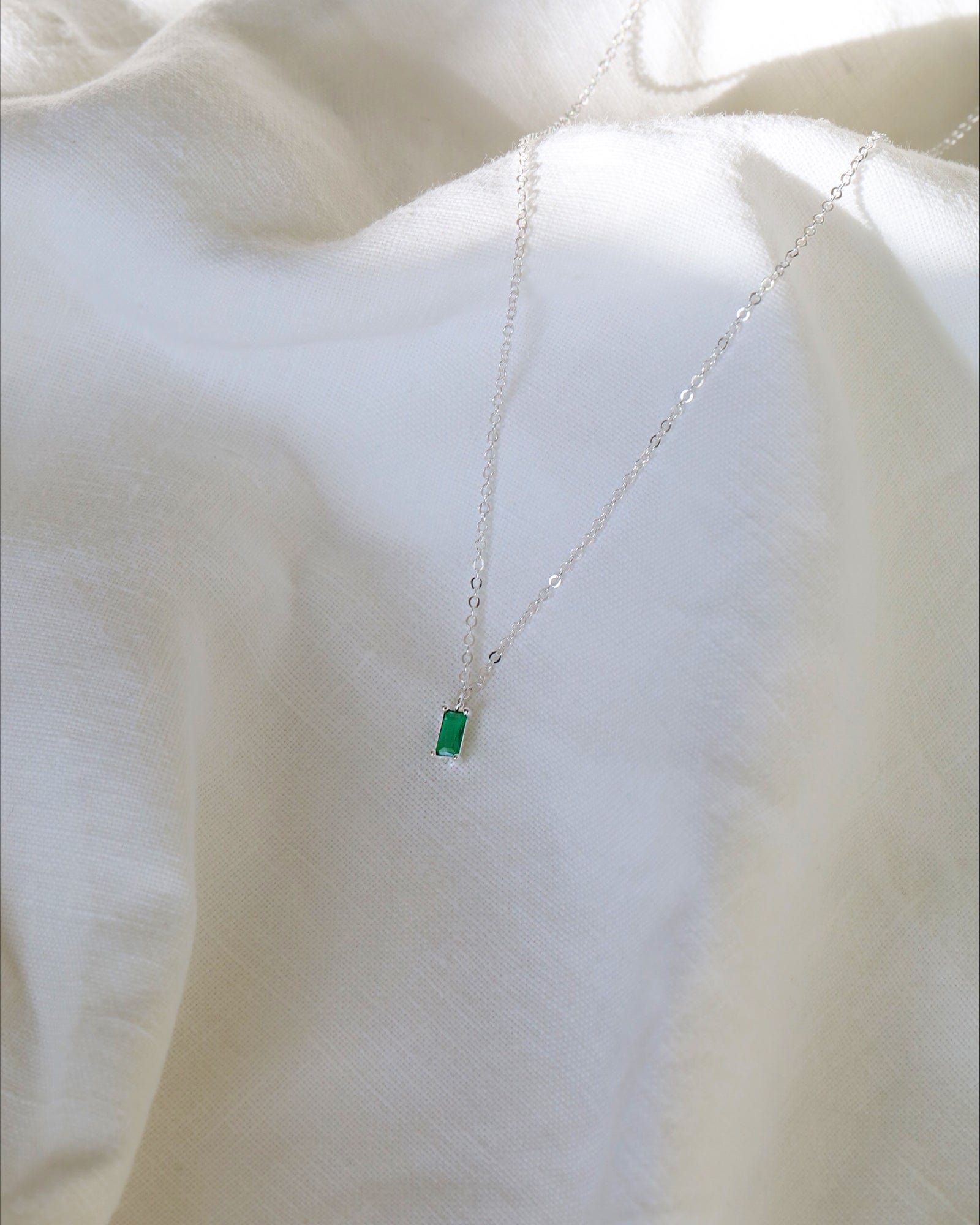 Sterling Silver Mini Emerald Glass Baguette Gem Necklace