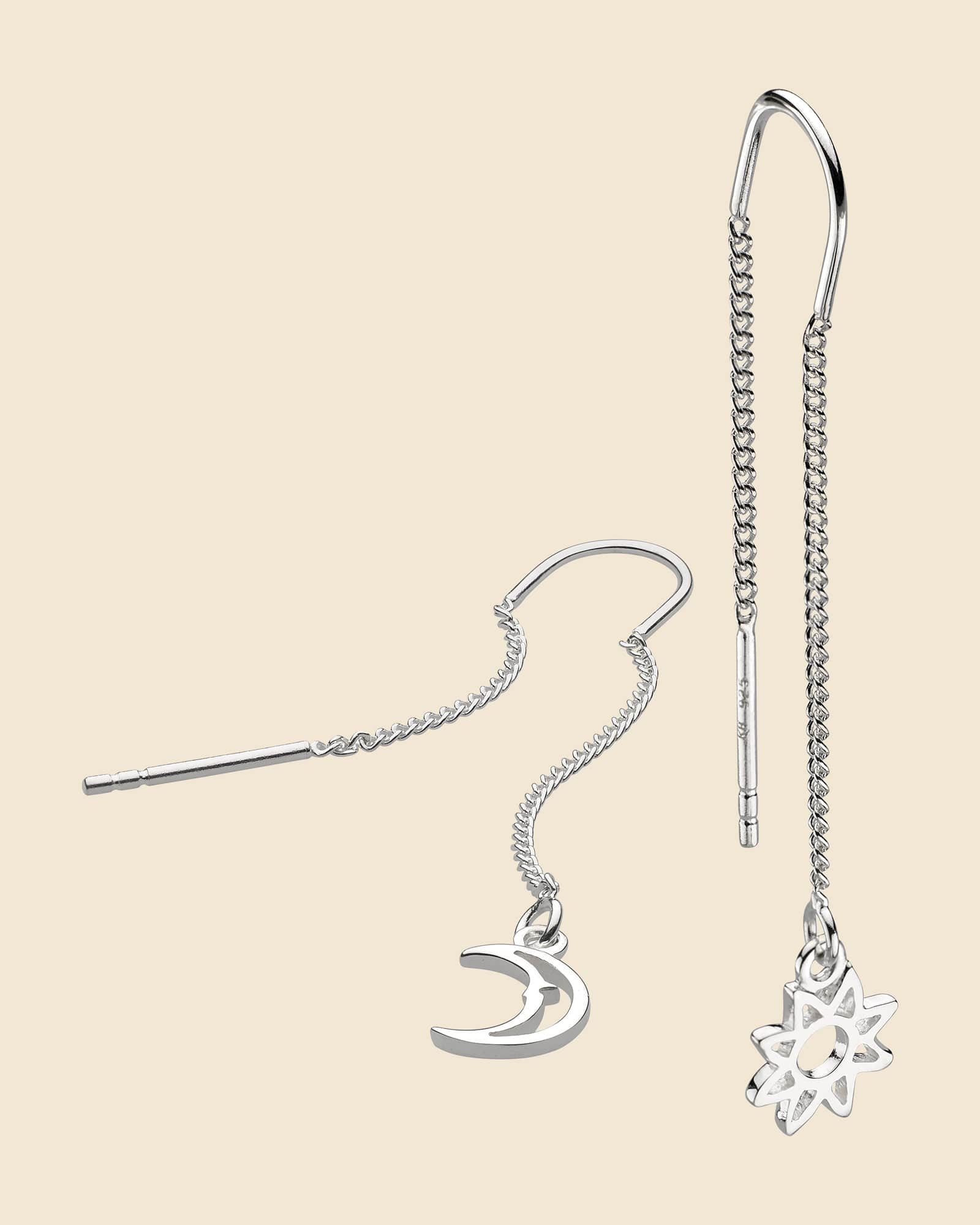 Sterling Silver Mismatched Sun and Moon Pull Through Earrings