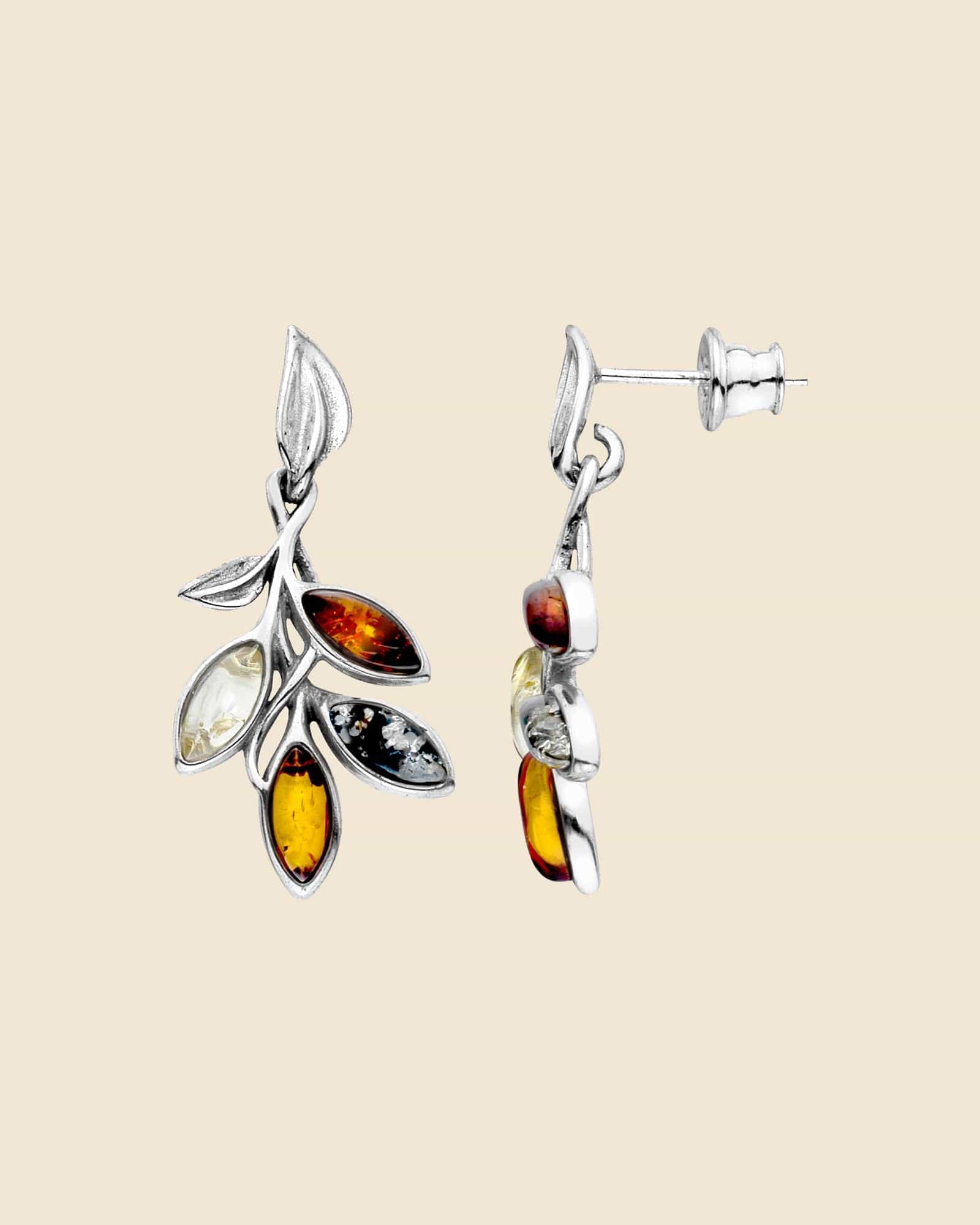 Sterling Silver and Mixed Amber Leaves Drop Earrings