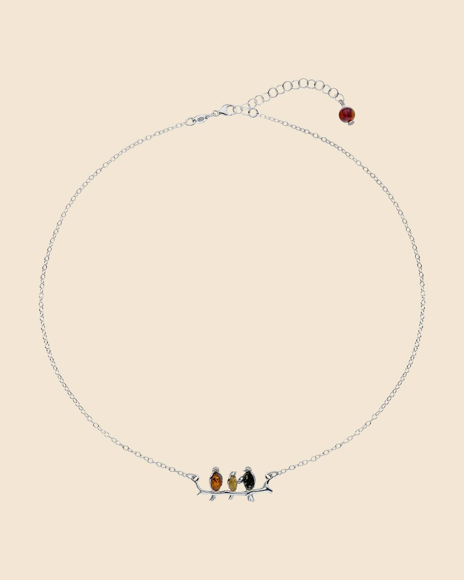 Sterling Silver and Mixed Amber 3 Birds On A Branch Necklace