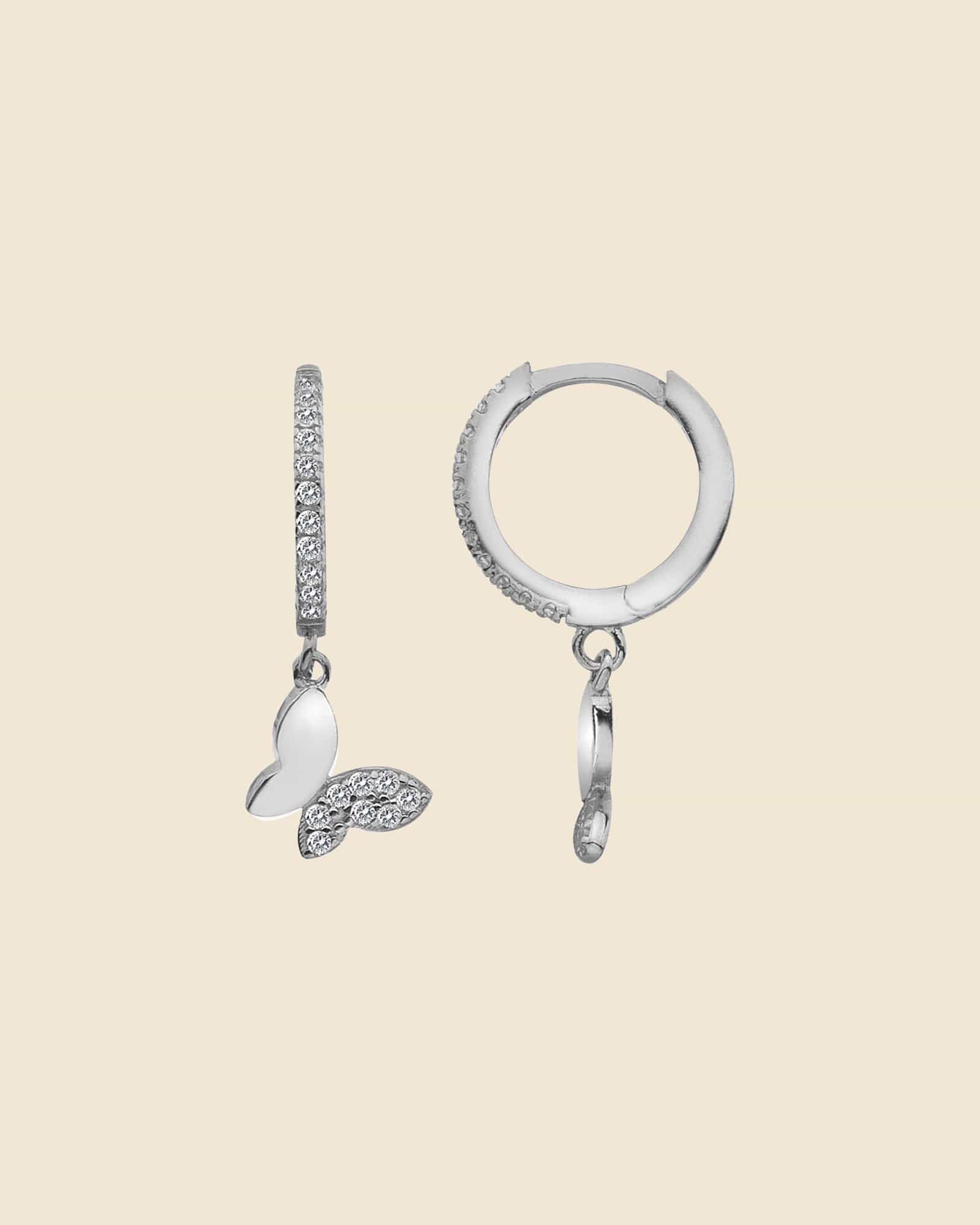 Sterling Silver and Cubic Zirconia Butterfly Charm Huggie Hoops