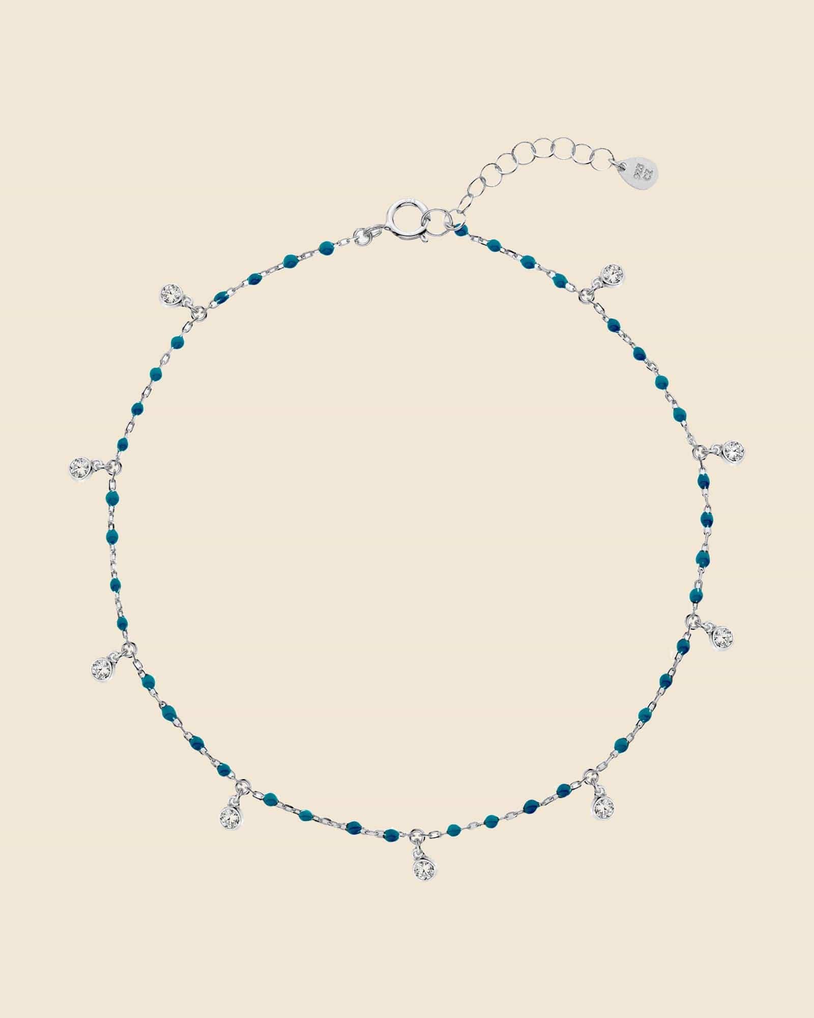Sterling Silver and Turquoise Enamel Bead with Cubic Zirconia Charms Anklet