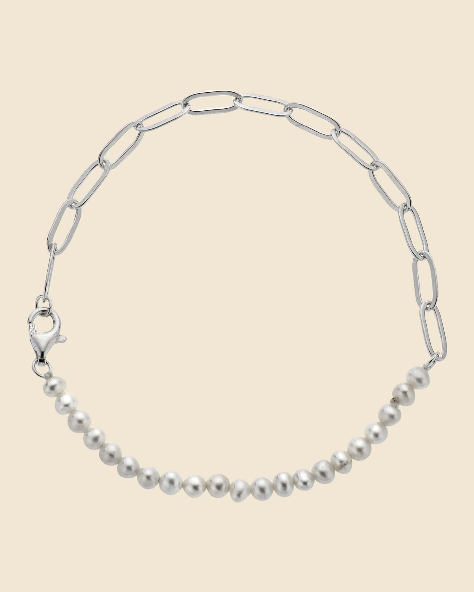 Sterling Silver Paperlink and Pearl Bracelet