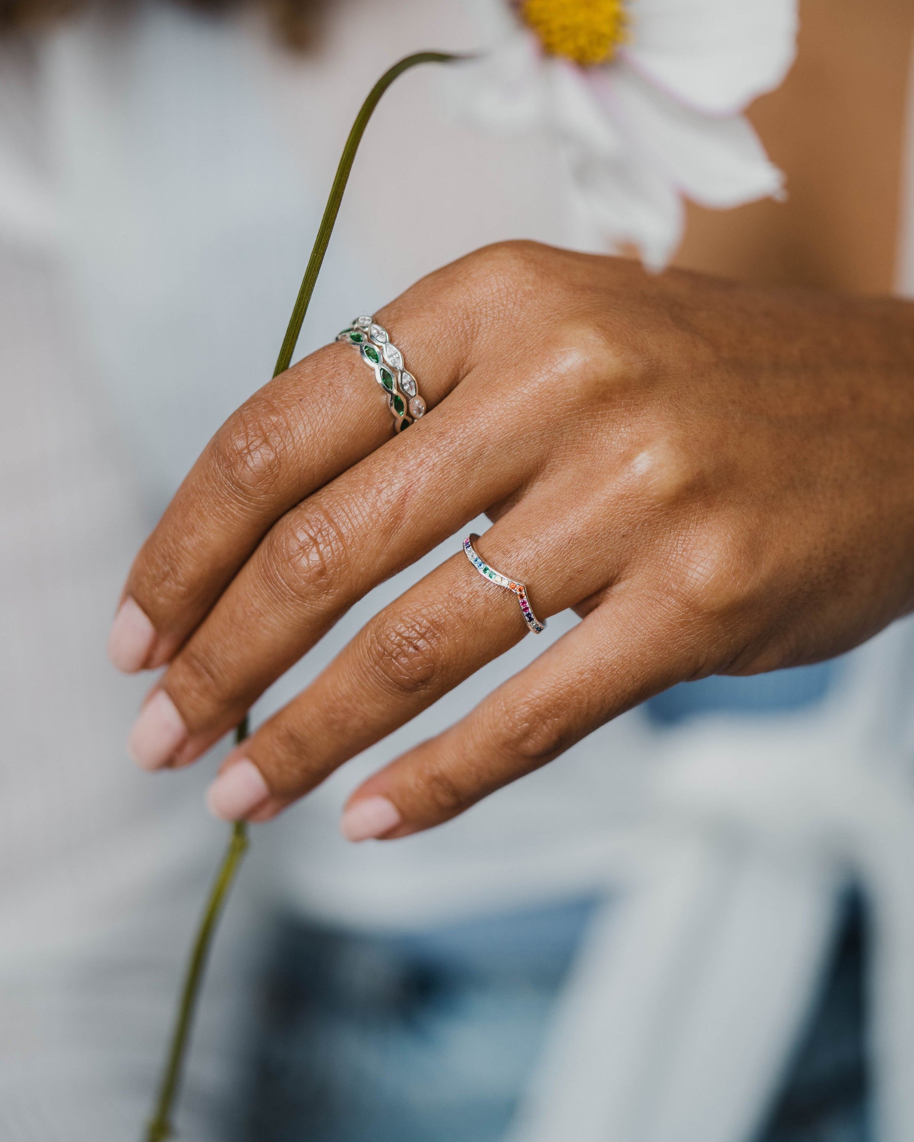 Sterling Silver and Cubic Zirconia Rainbow Wishbone Ring