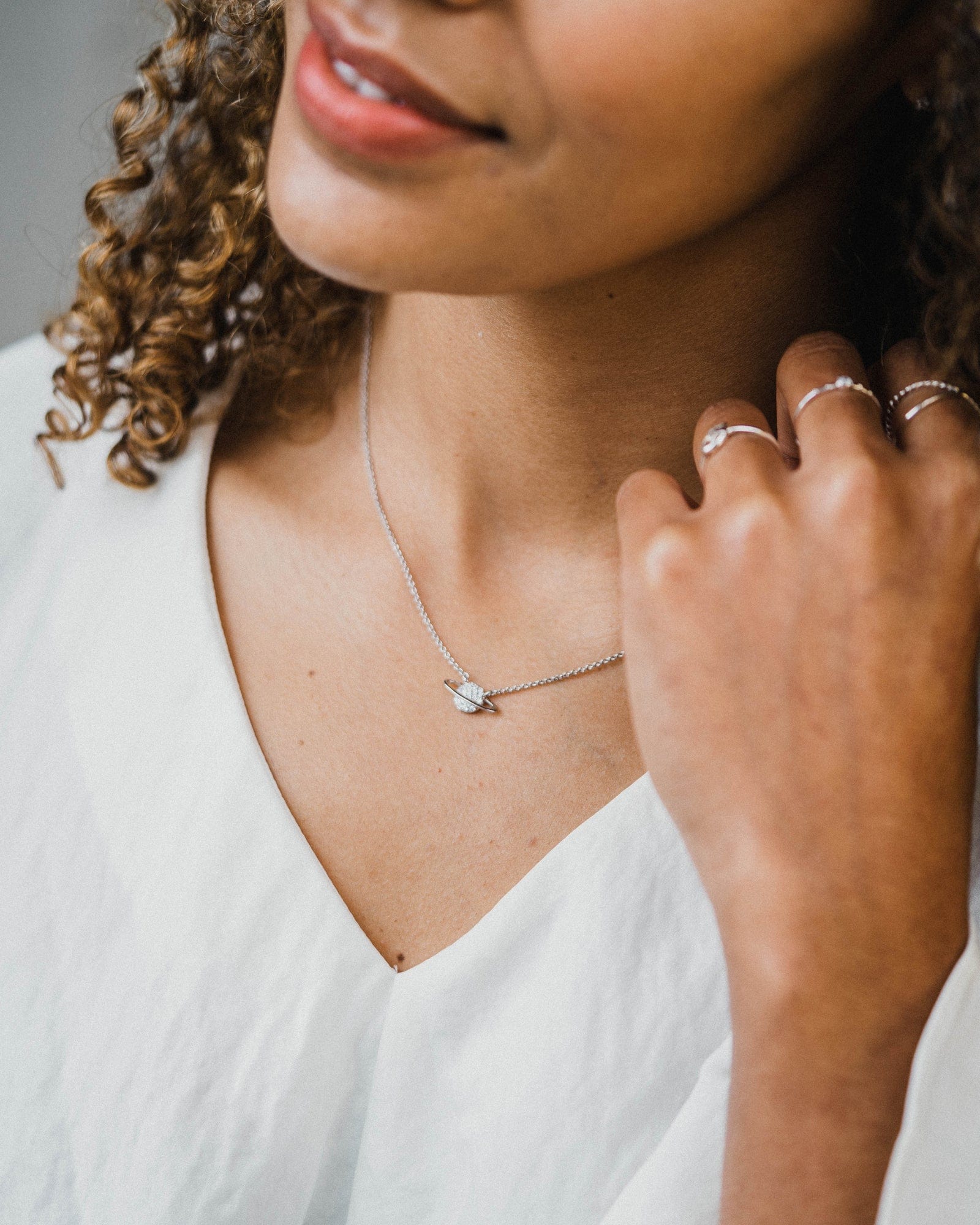 Sterling Silver and Cubic Zirconia Saturn Necklace