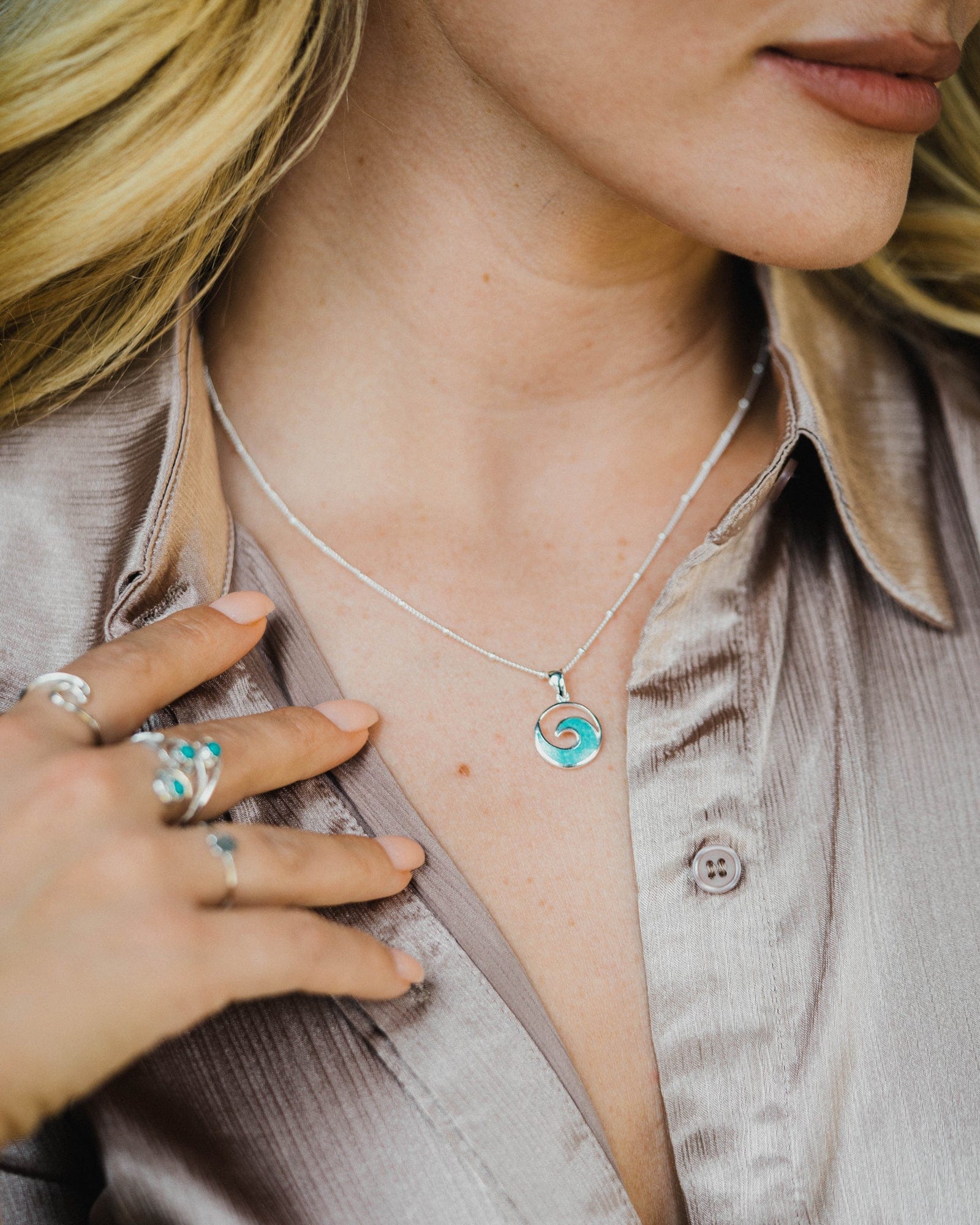 Sterling Silver and Crushed Turquoise Ocean Wave Pendant