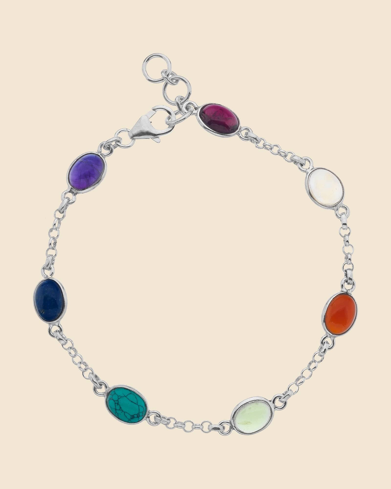 Sterling Silver and Mixed Stone Oval Chain Link Bracelet