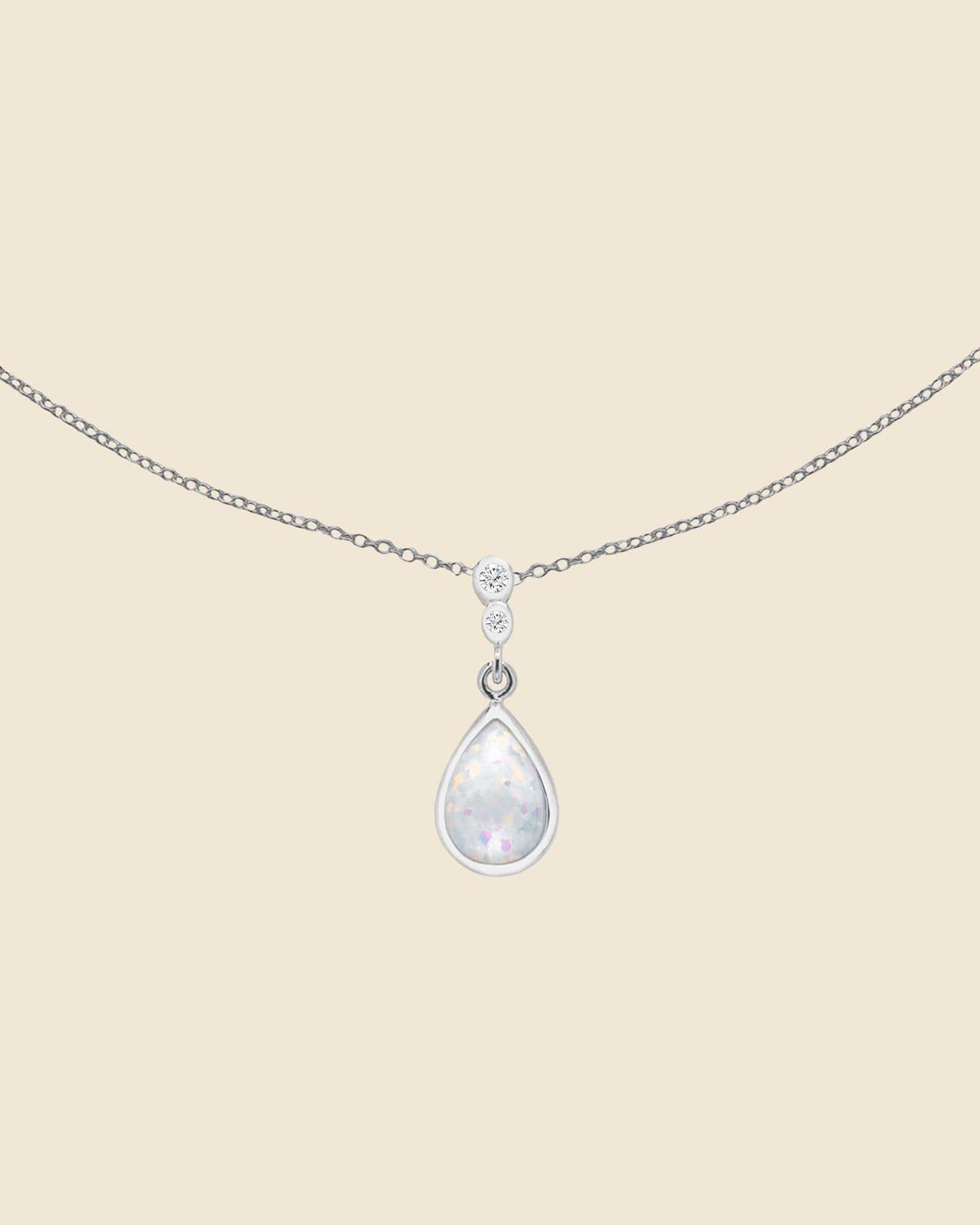 Sterling Silver and Opal Teardrop Necklace with Cubic Zirconia Set Bale