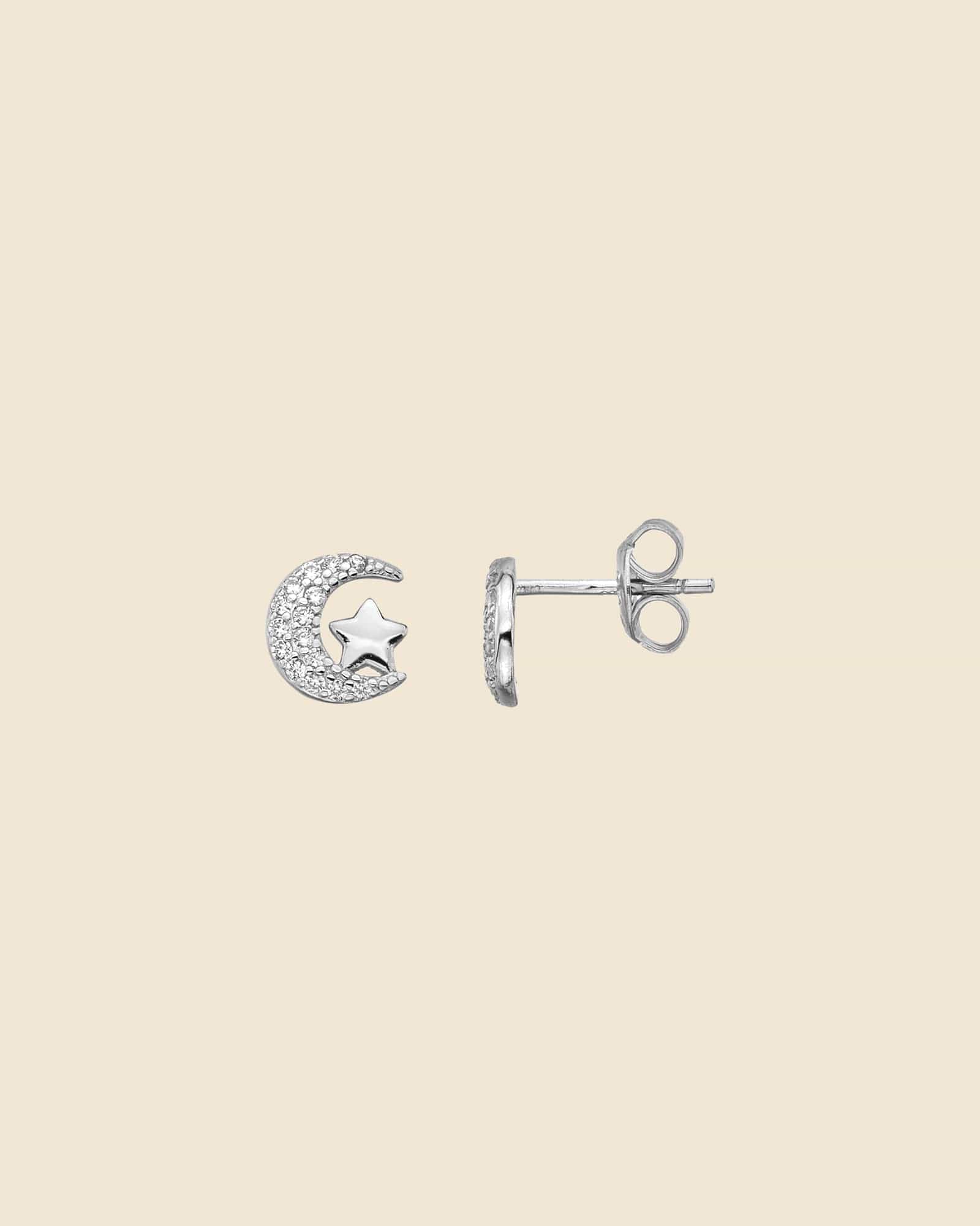 Sterling Silver and Cubic Zirconia Moon and Star Studs