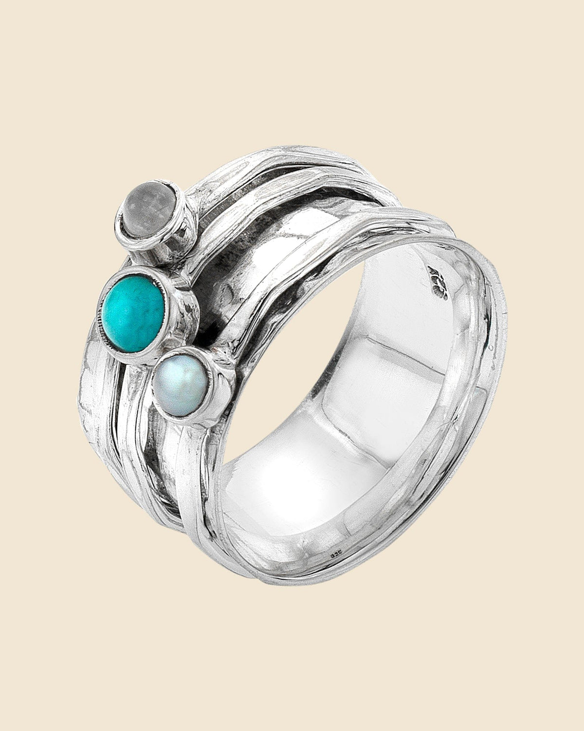 Sterling Silver, Pearl, Turquoise and Moonstone Spinner Ring