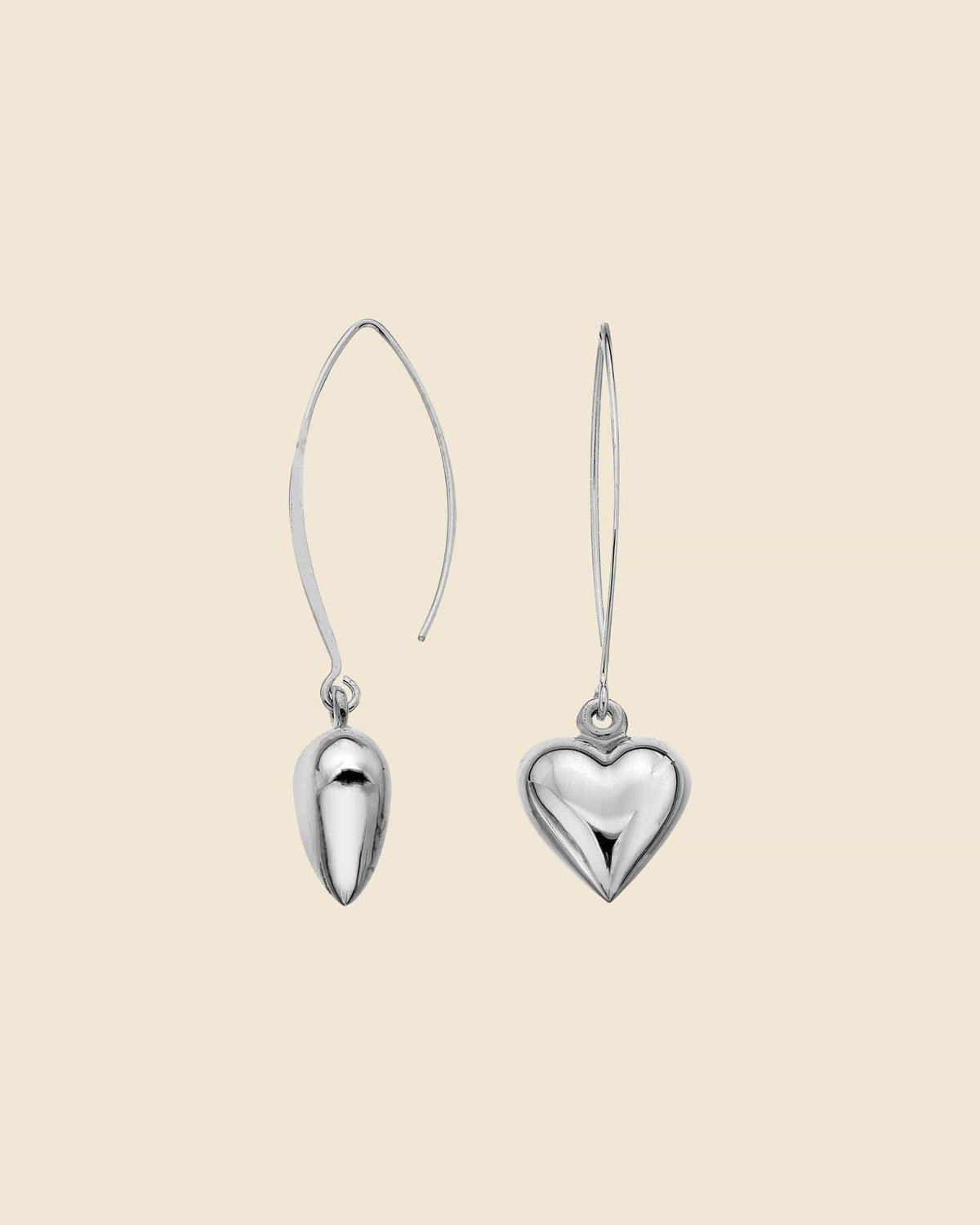 Sterling Silver Puffed Heart Long Drop Earrings