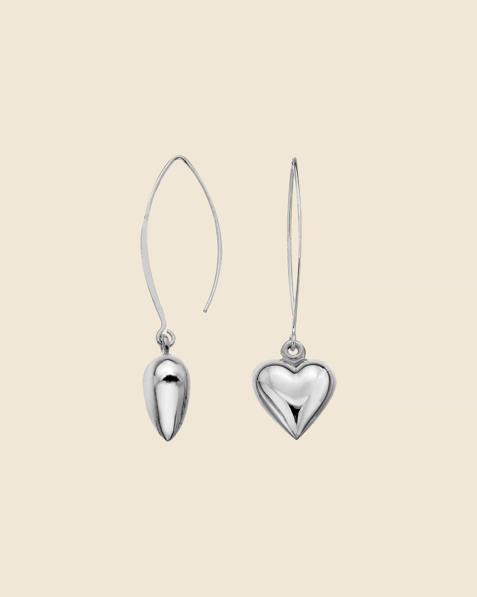 Sterling Silver Puffed Heart Long Drop Earrings