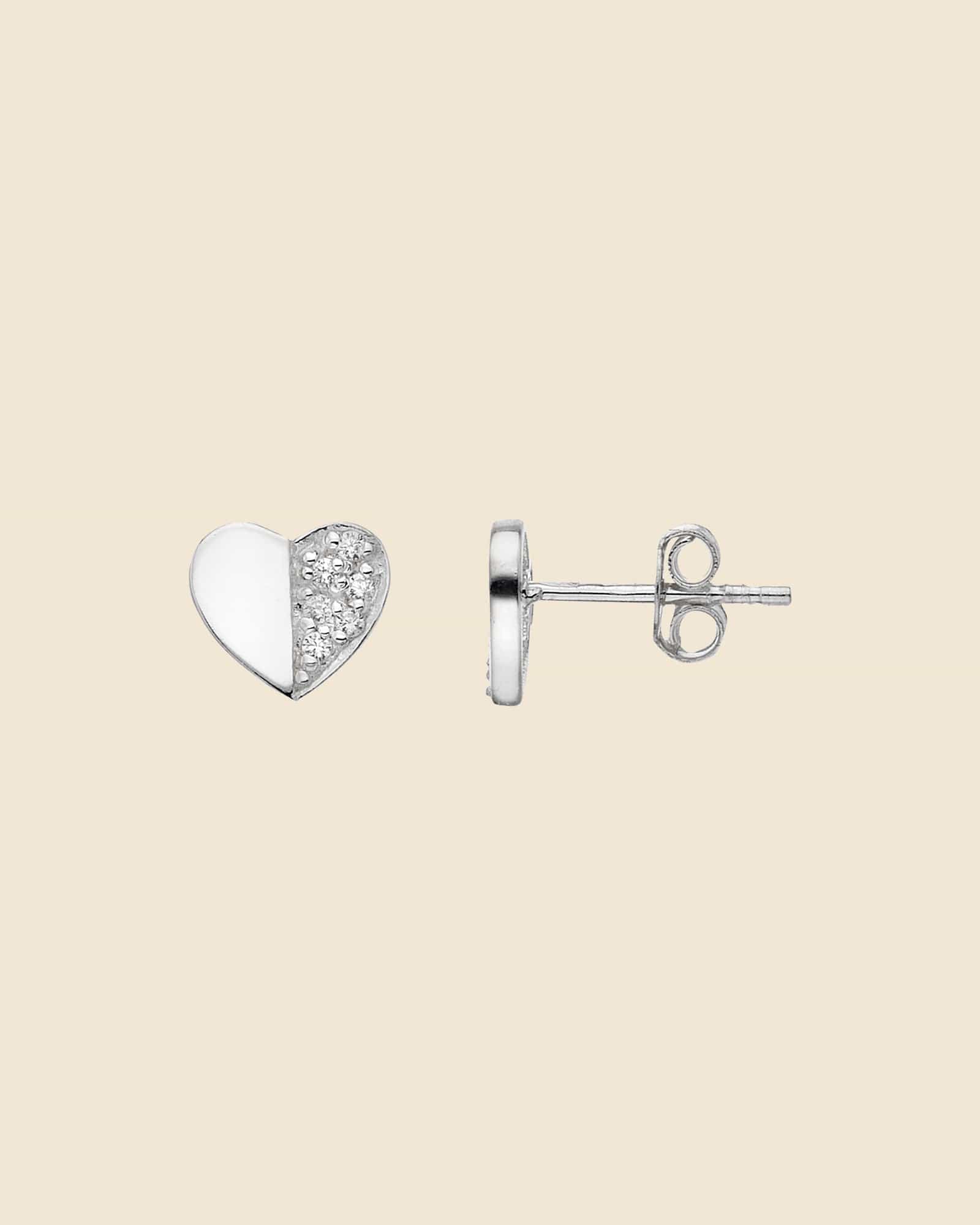 Sterling Silver and Cubic Zirconia Half Encrusted Heart Studs
