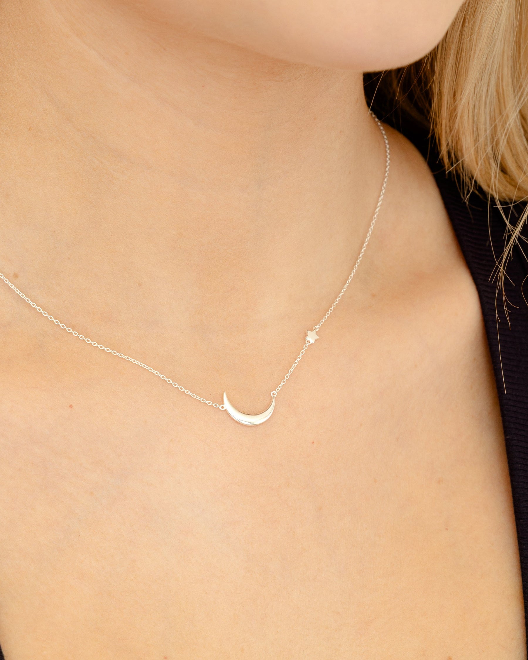 Sterling Silver Moon And Star Asymetric Inline Necklace