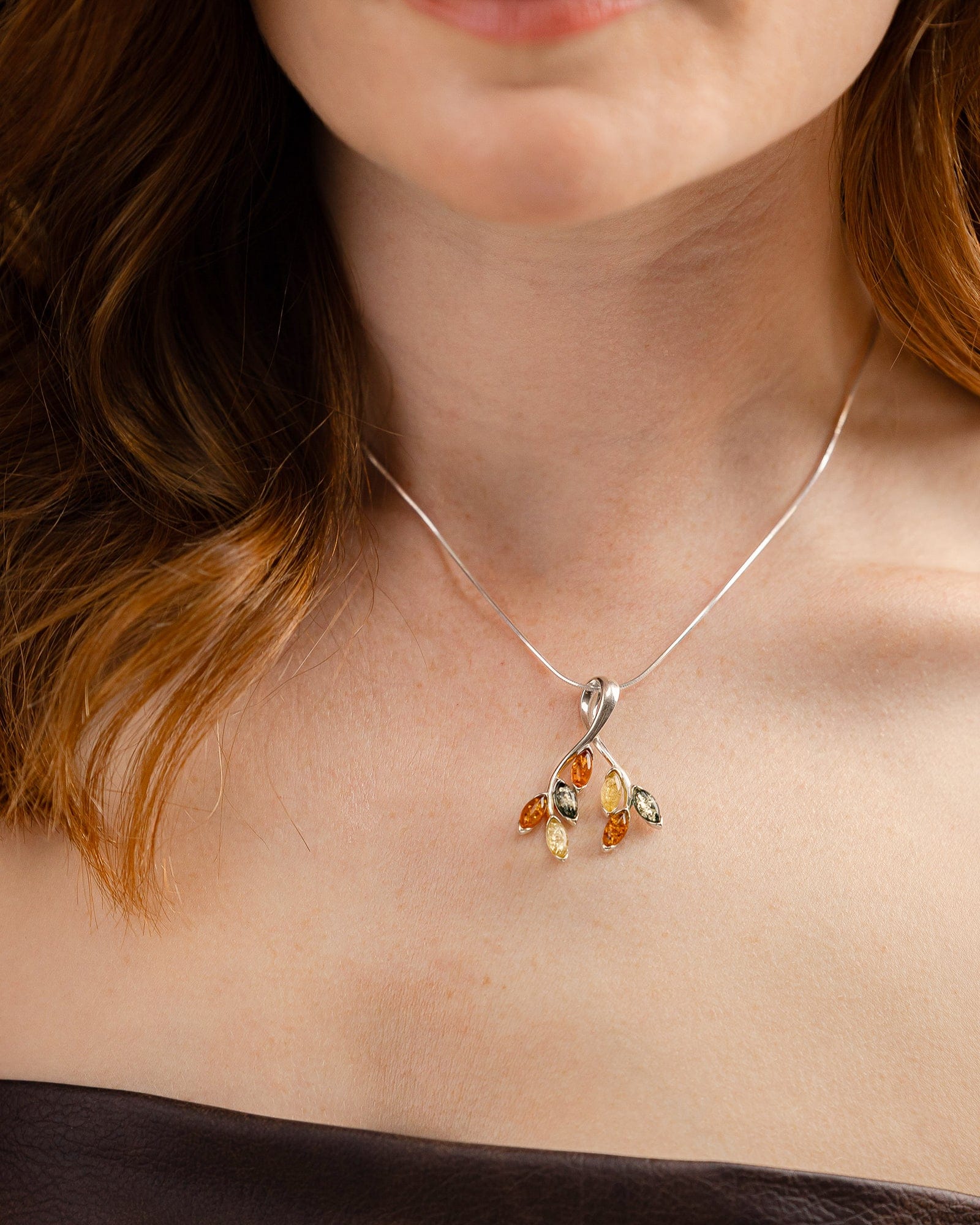 Sterling Silver and Mixed Amber Leaves Pendant