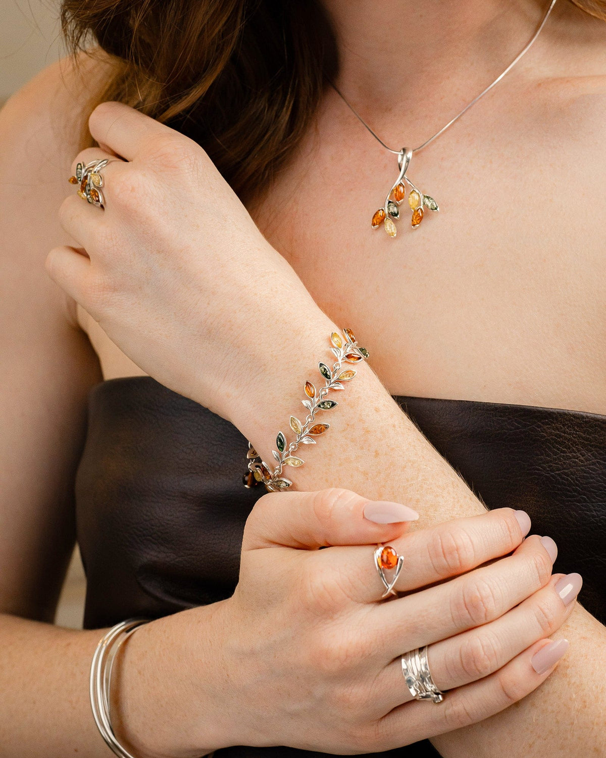 Sterling Silver and Mixed Amber Leaves Bracelet