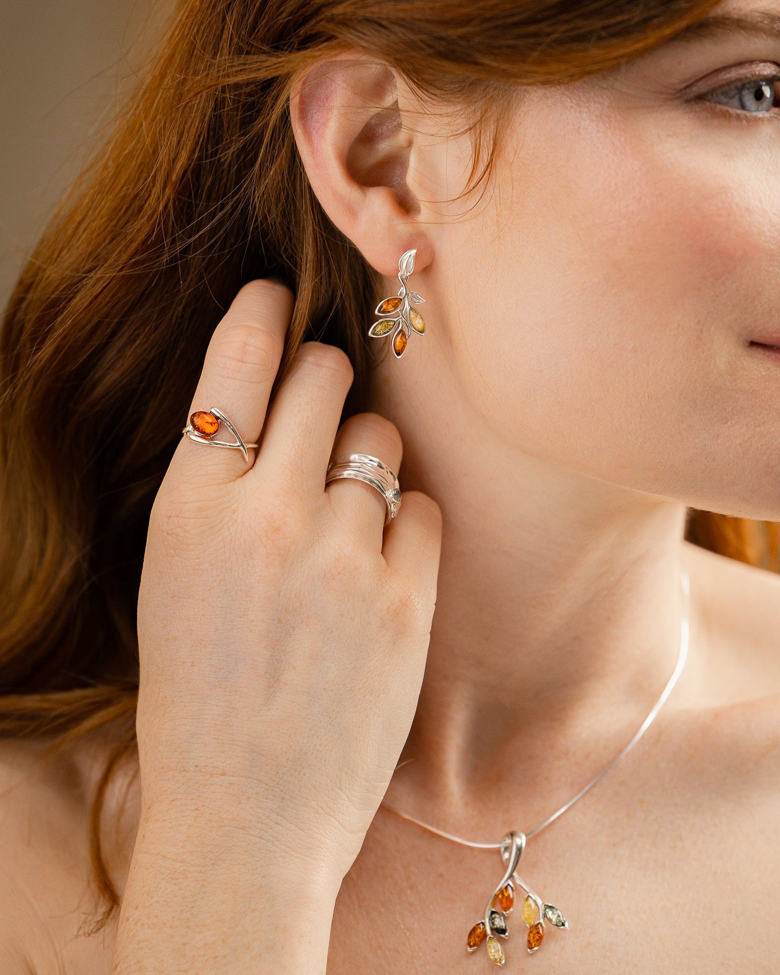 Sterling Silver and Mixed Amber Leaves Drop Earrings