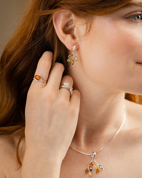 Sterling Silver and Mixed Amber Leaves Drop Earrings