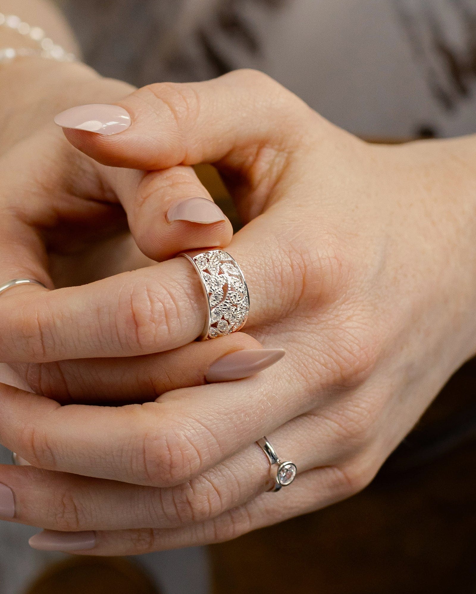 Sterling Silver and Cubic Zirconia Wide Leaf Detail Ring