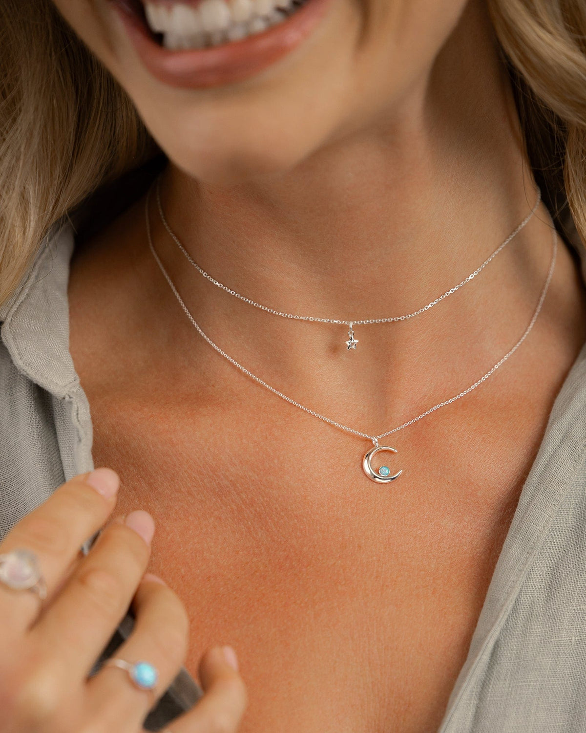 Sterling Silver and Opal Crescent Moon Pendant
