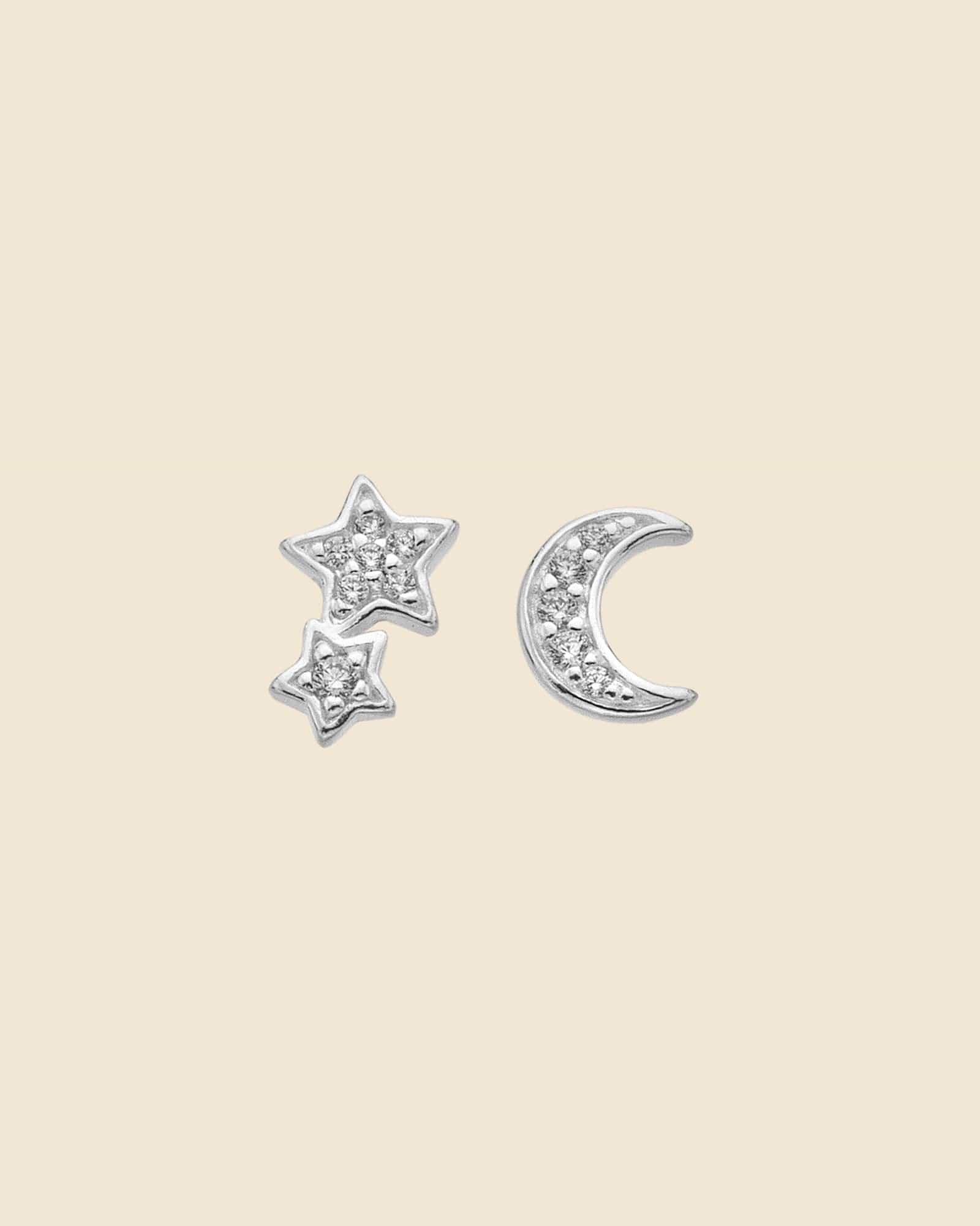 Sterling Silver Cubic Zirconia Stars and Moon Studs