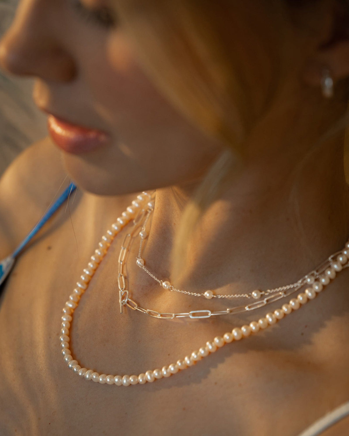 Sterling Silver and Faux Pearl Station Necklace