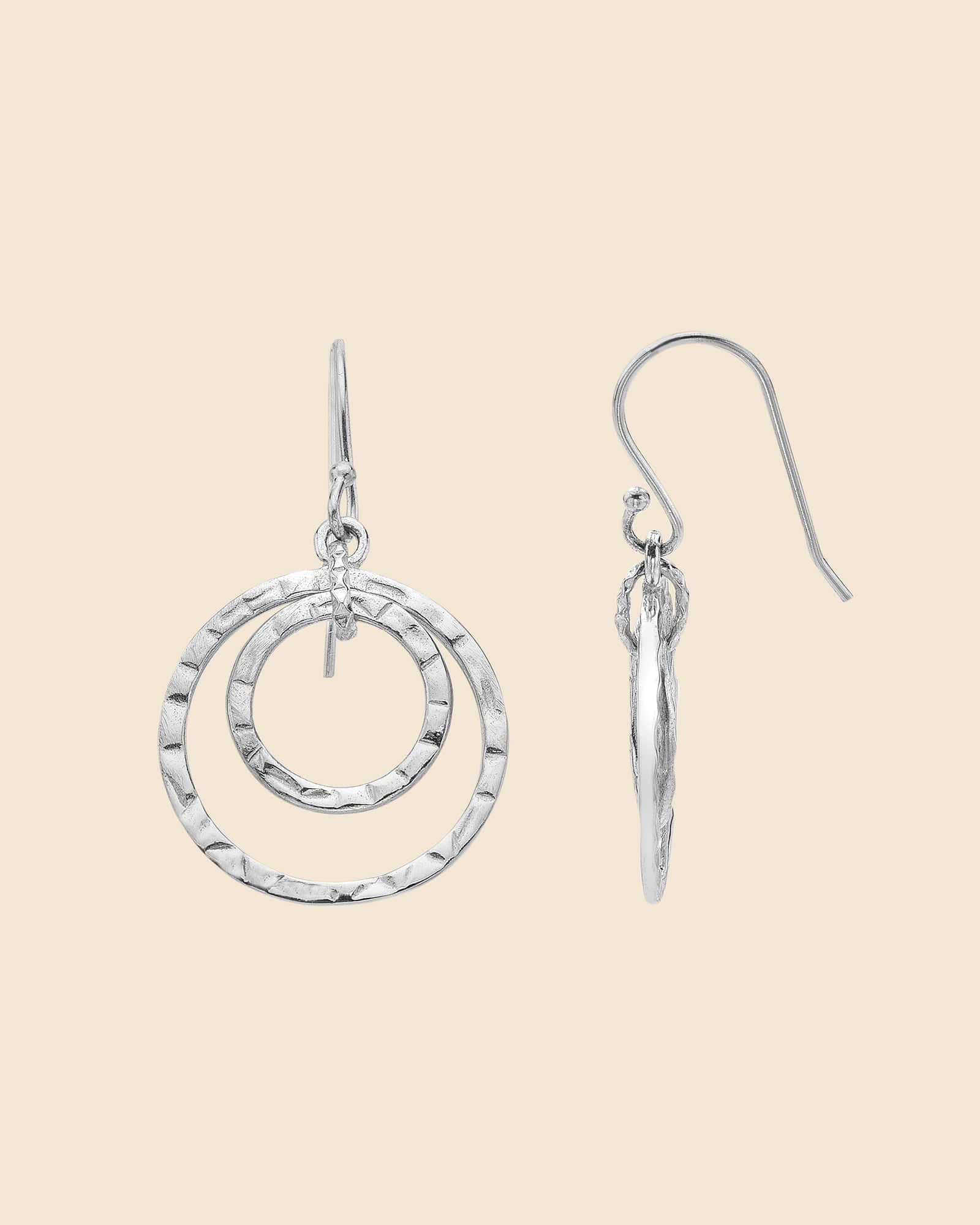 Sterling Silver Double Hammered Circle Drop Earrings