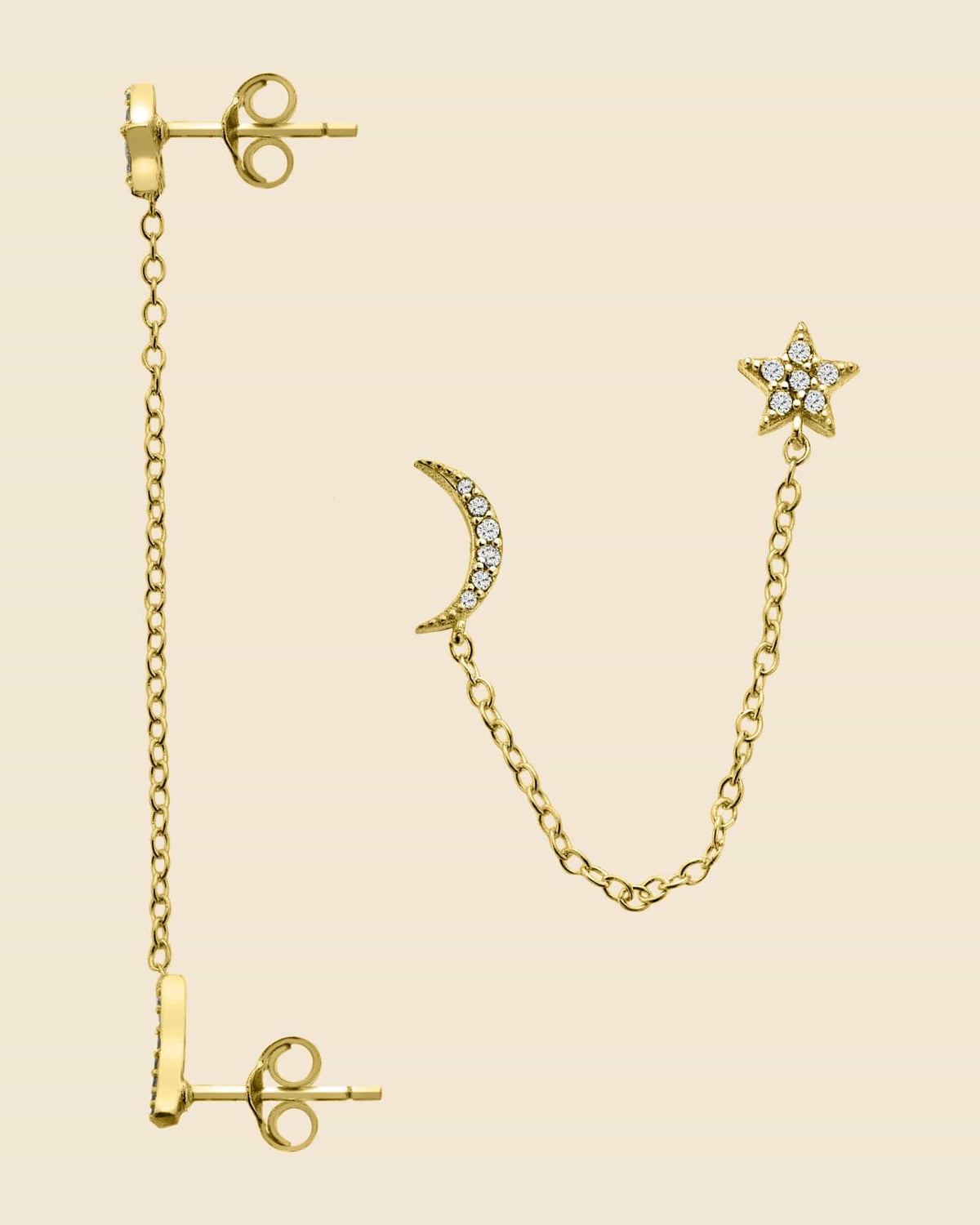 Gold Plated and Cubic Zirconia Celestial Chain Link Double Studs