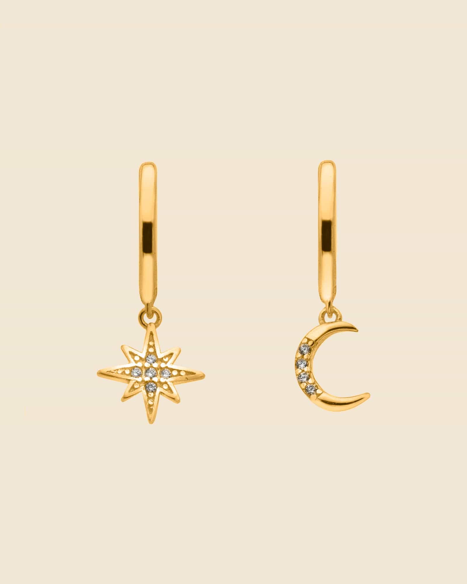 Gold Plated Huggie Hoops with Mismatched Celestial Charms