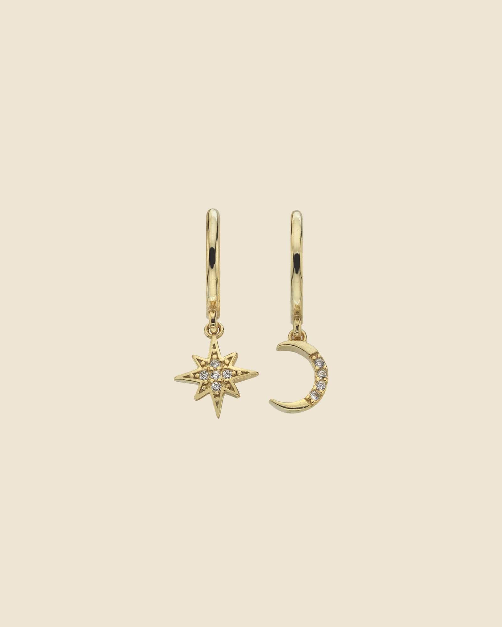 Gold Plated Huggie Hoops with Mismatched Celestial Charms