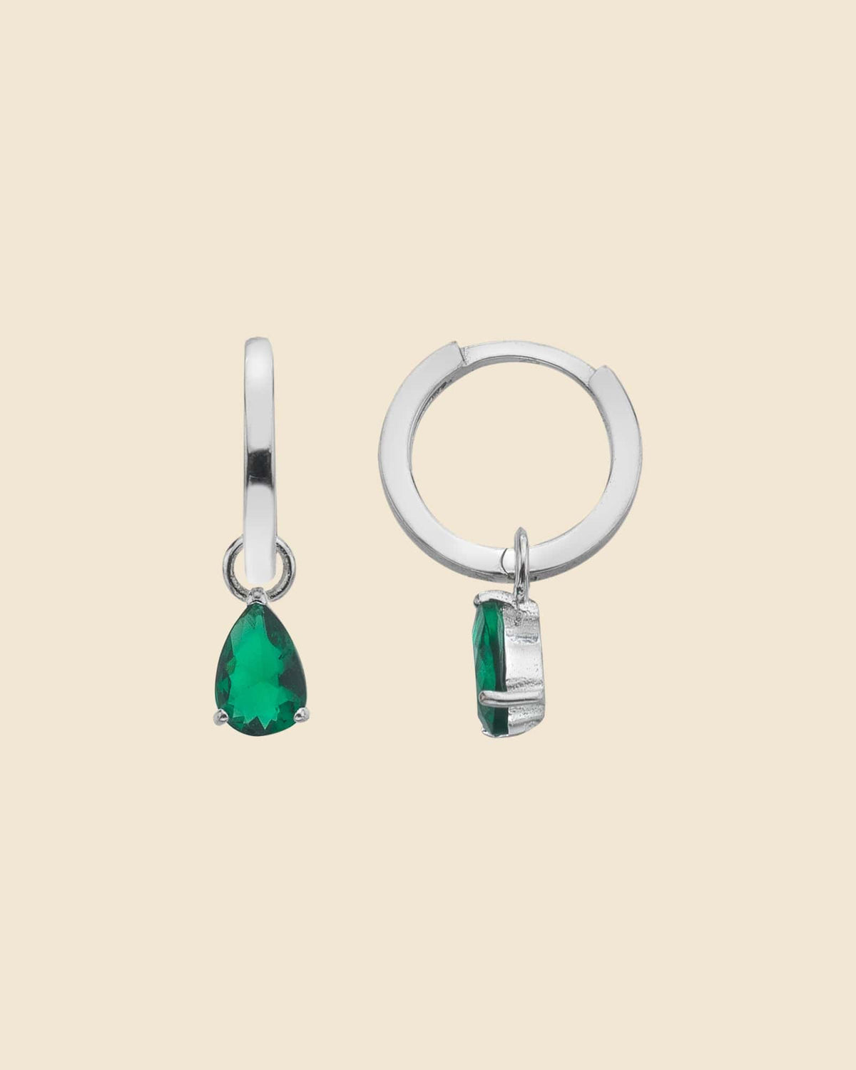 Sterling Silver Hoops with Emerald Glass Teardrop Charms
