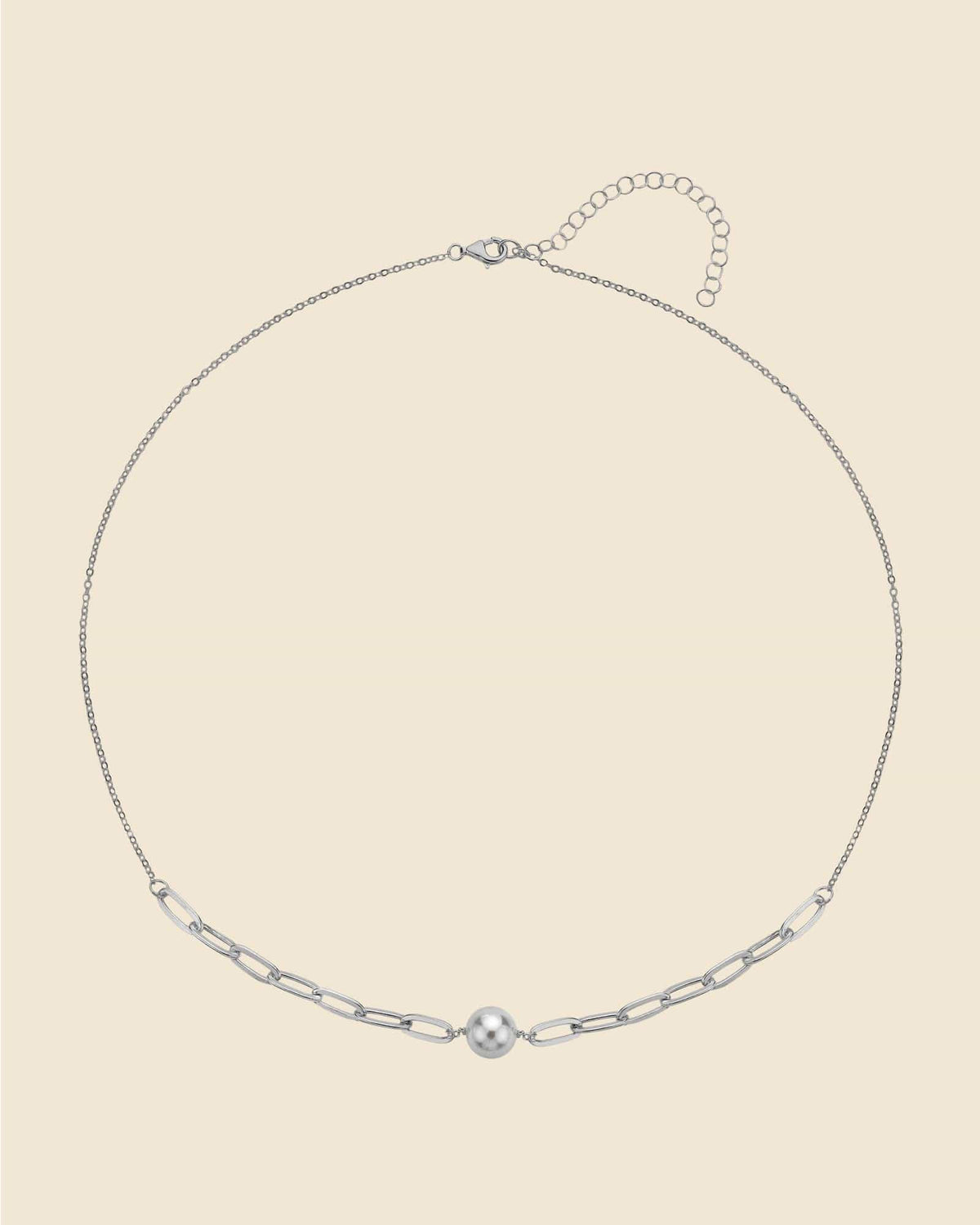 Sterling Silver Faux Pearl Necklace with Paperlink Chain