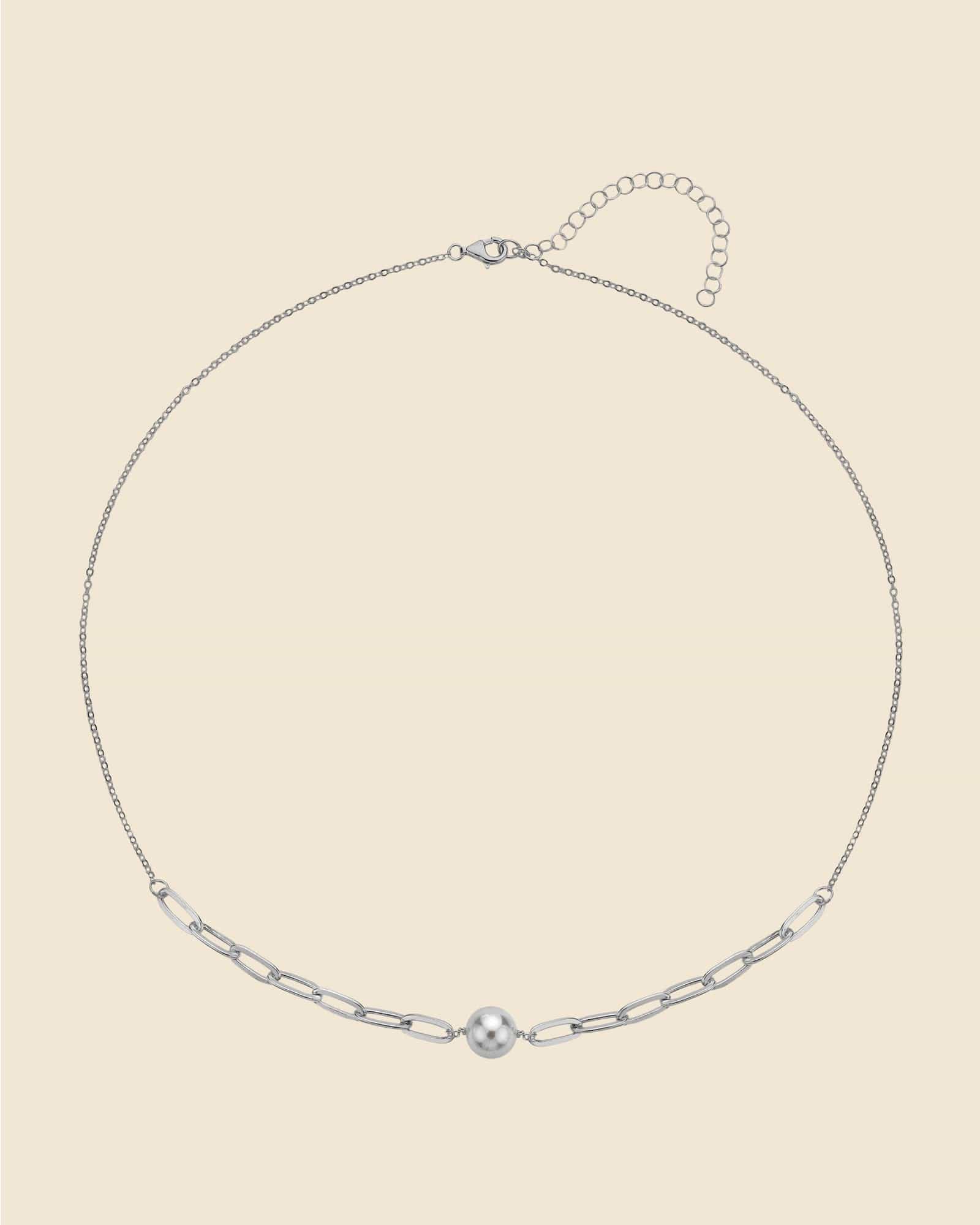 Sterling Silver Faux Pearl Necklace with Paperlink Chain