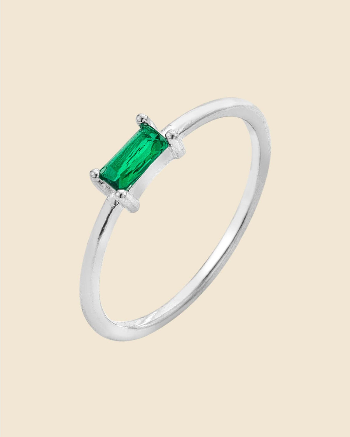 Sterling Silver Emerald Glass Baguette Ring