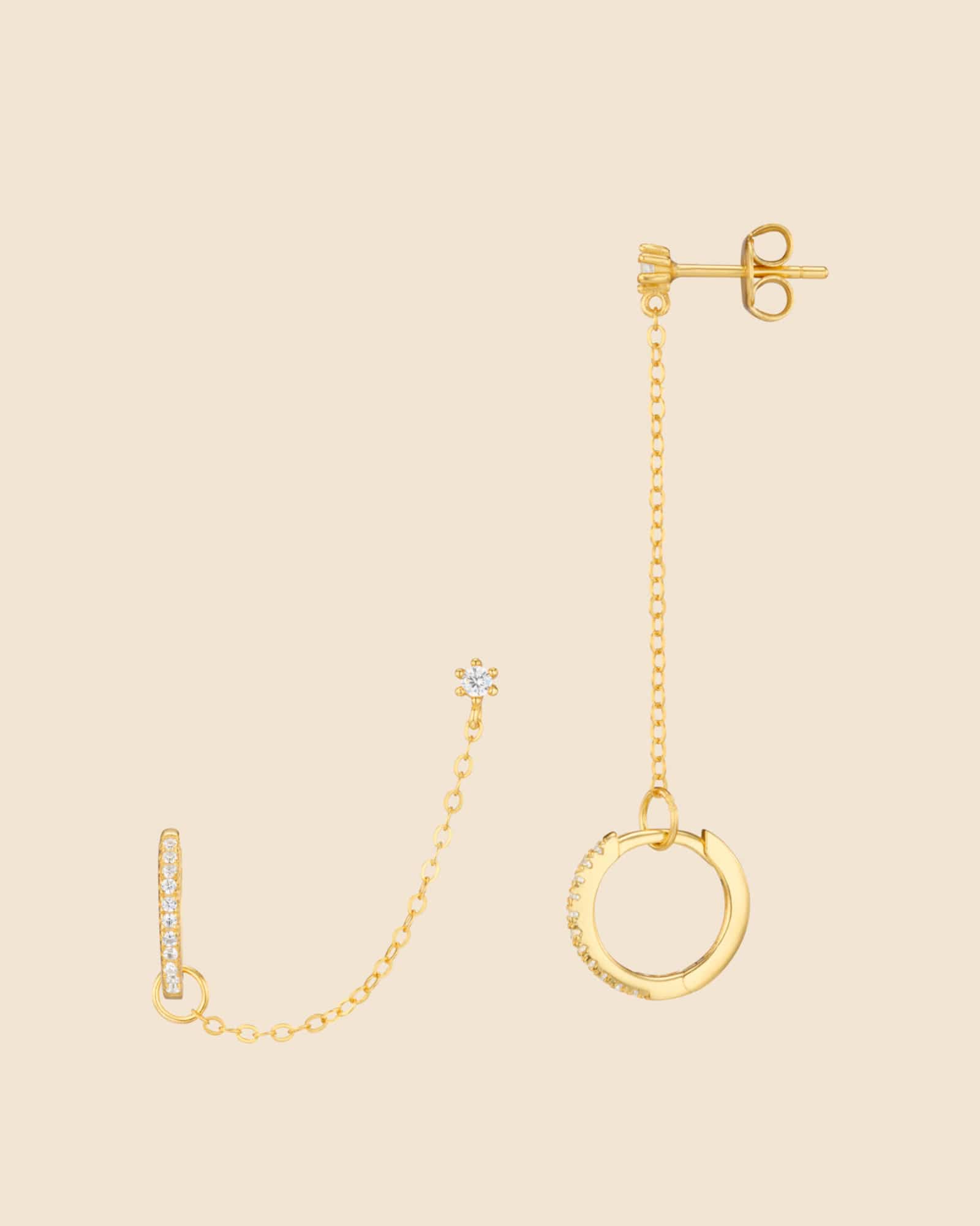 Gold Plated Cubic Zirconia Hoop Earrings with Chain & Stud