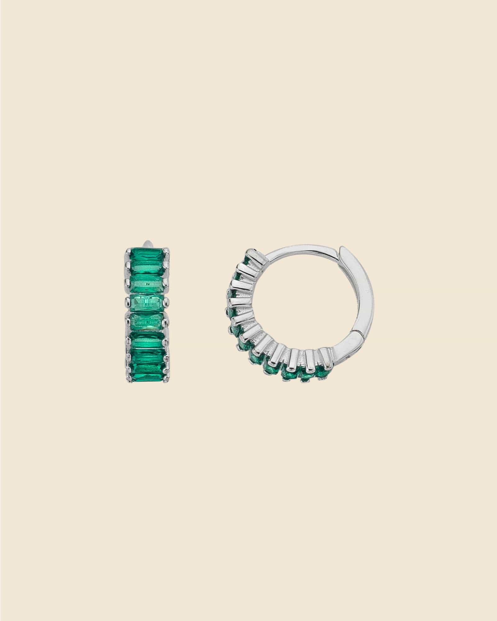 Sterling Silver Emerald Glass Baguette Huggie Hoops