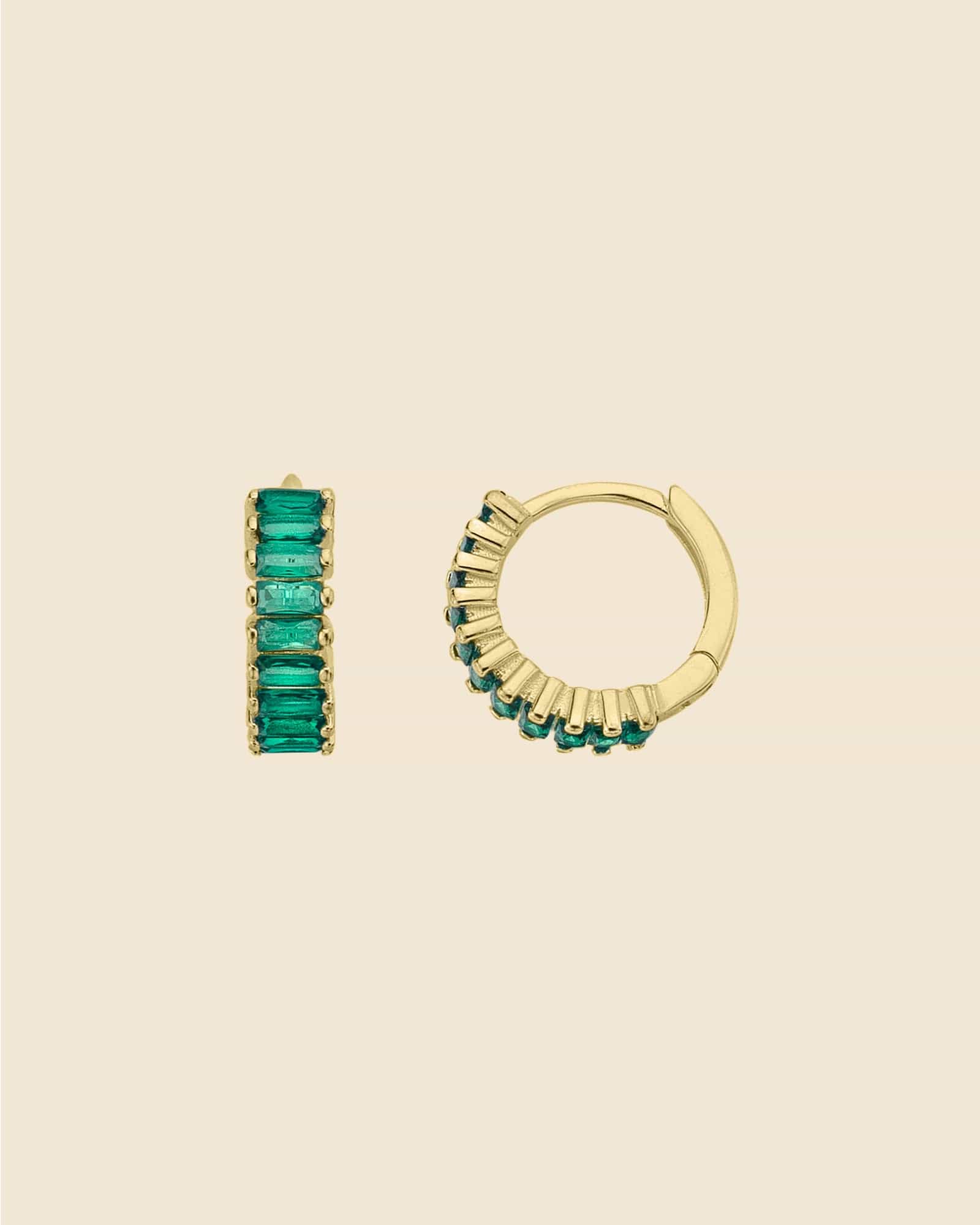 Gold Plated Emerald Glass Baguette Huggie Hoops