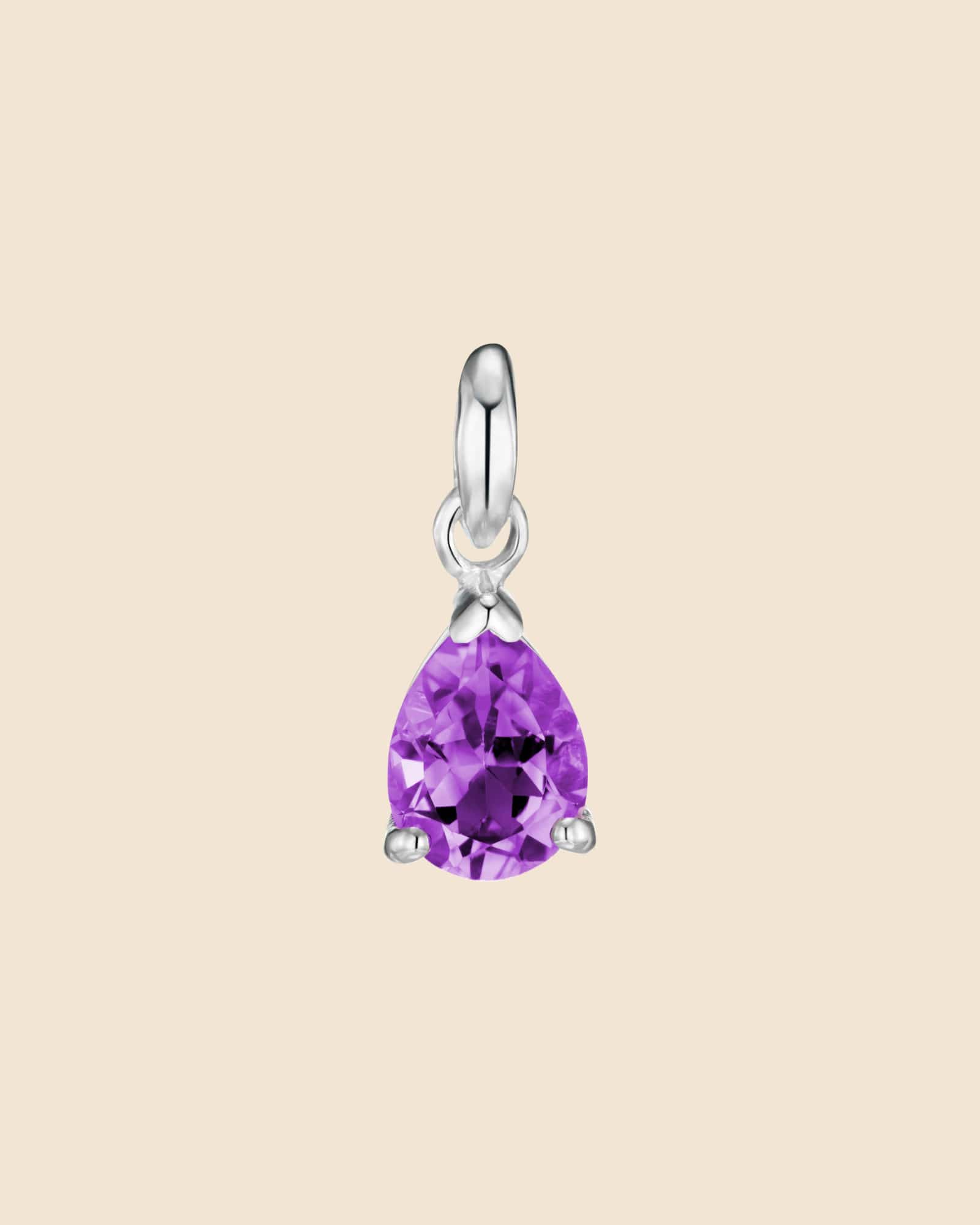 Teardrop-shaped purple amethyst gemstone set in a polished sterling silver pendant with a classic bail.