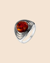 Sterling Silver Etched Surround Amber Ring